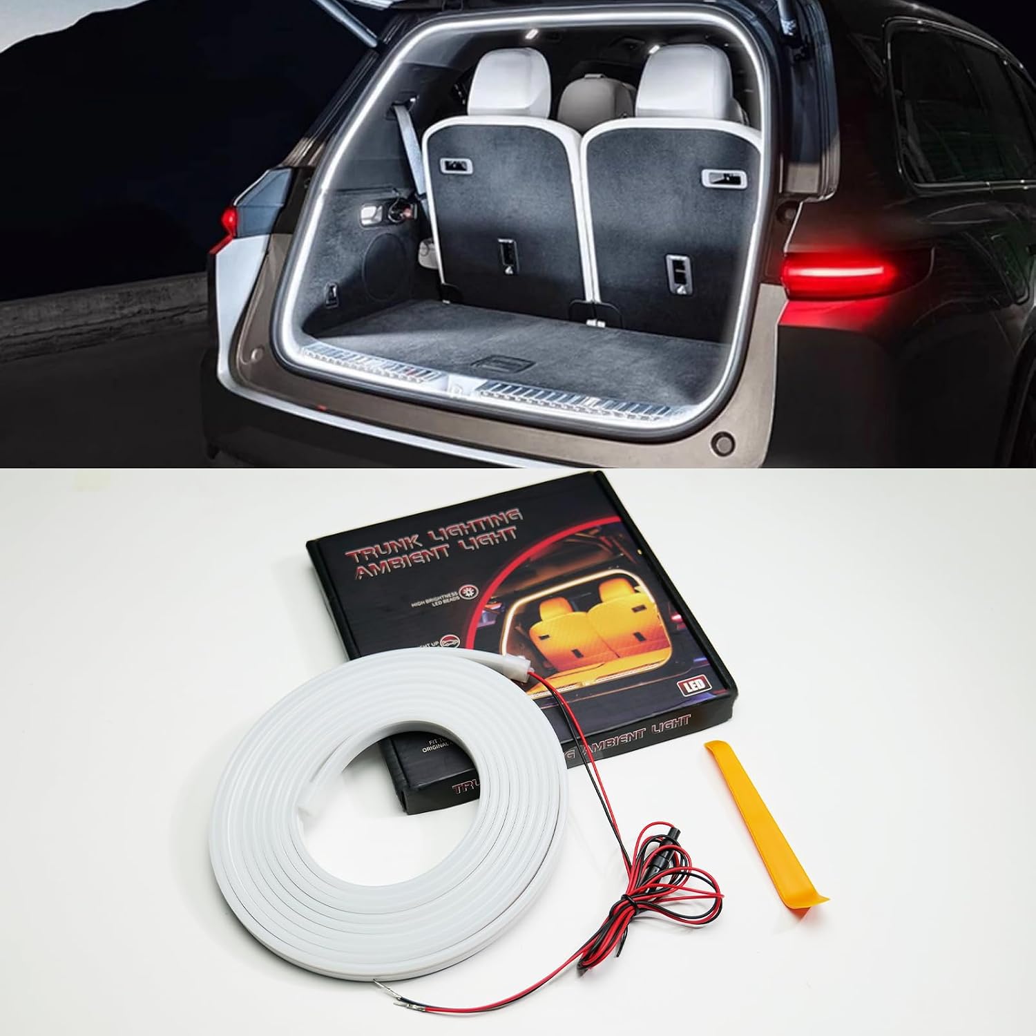 Universal White LED Strip Light for Car Trunk, 6000K Bright Interior Light Strip, Automatic On When Trunk Opens, Cuttable Energy-Saving 12V LED Strip, Easy Installation for Car, SUV, Van, RV
