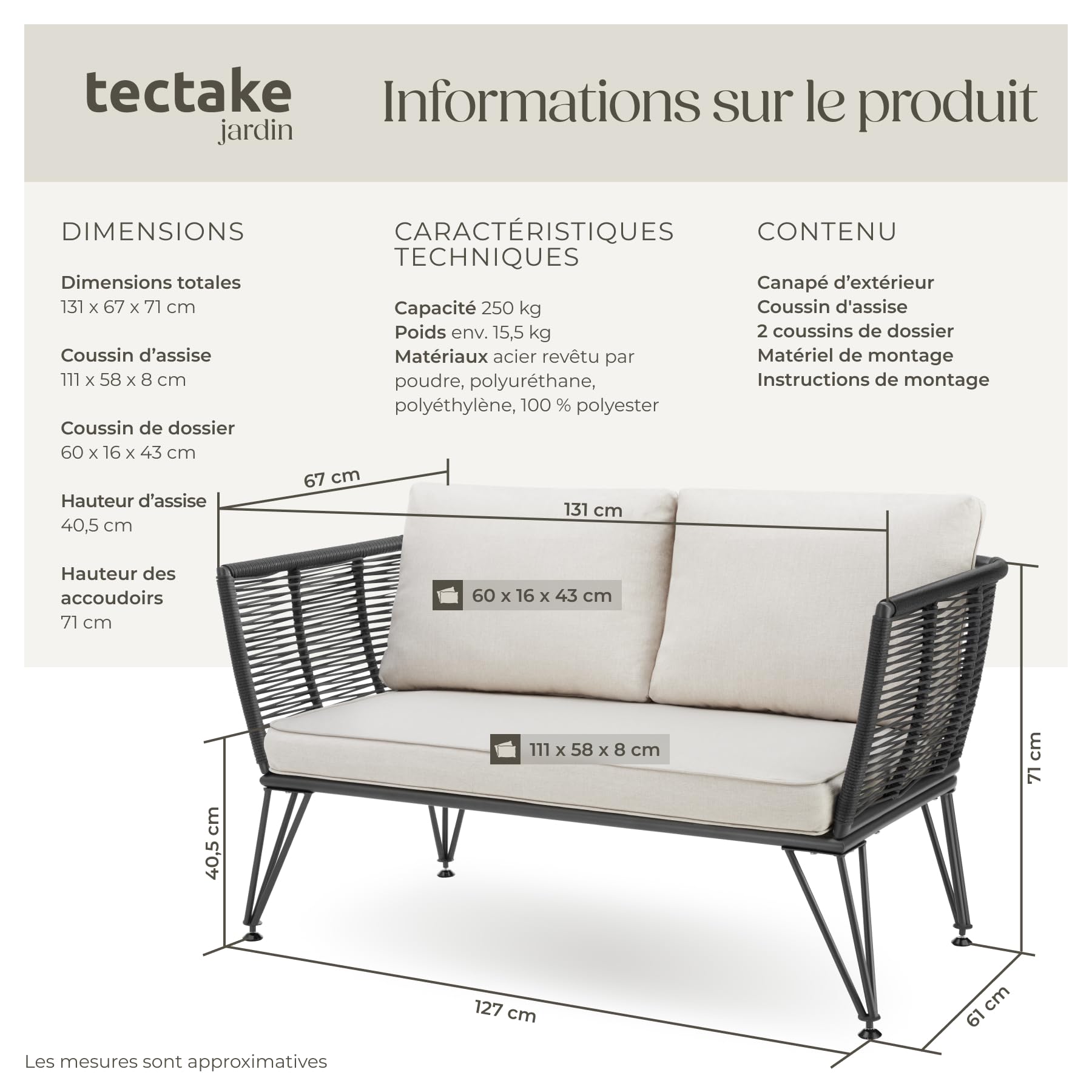 tectake® Canapé 2 Places Salon de Jardin Exterieur en Résine tréssée Salon Exterieur, Banquette de Jardin Coussins Inclus, Amenagement Balcon Terrasse Veranda Patio Maison
