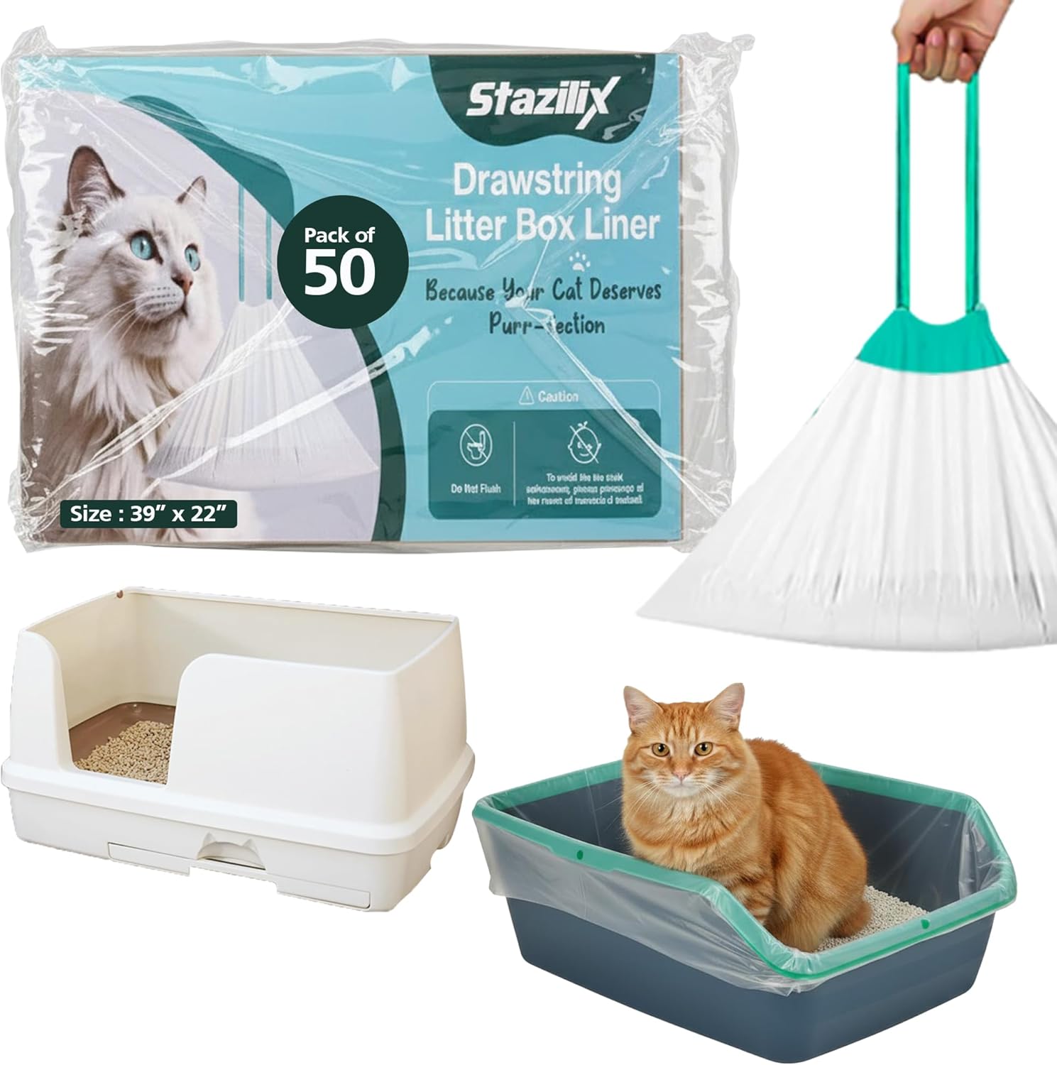 50 Count Jumbo Litter Box Liners 39x22 – Jumbo Cat Litter Box Liners, Heavy Duty Jumbo Cat Litter Liners, Leakproof Tear-Resistant Bags with Drawstring for Easy Mess-Free Cleaning