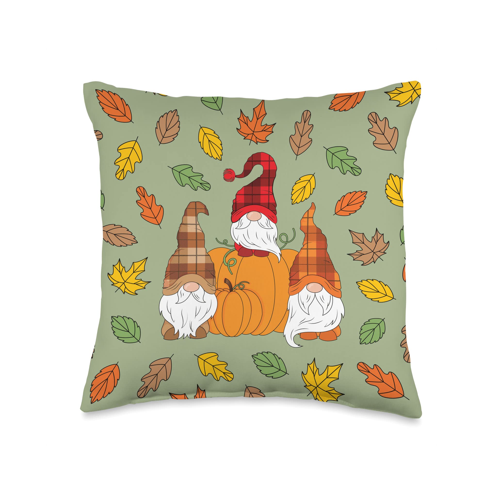 Gnome Plaid Pattern Thanksgiving Fall Pumpkin Sage Green Throw Pillow, 16x16, Multicolor