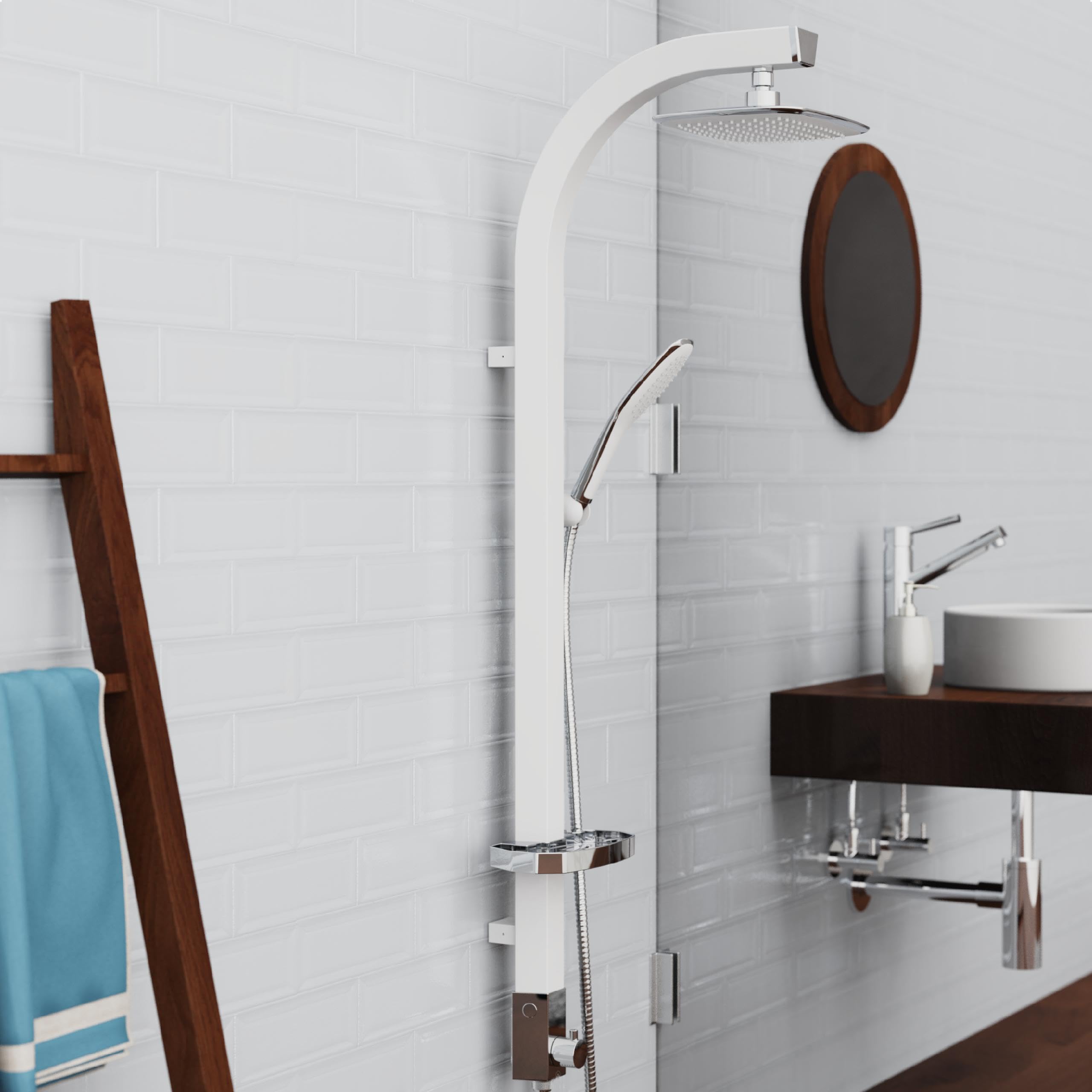 SCHÜTTE MADAGASKAR Regendusche mit Handbrause, Duschsystem in weiß mit praktischer Ablage und Wandhalterung, Duschset für Duscharmaturen, 120 cm
