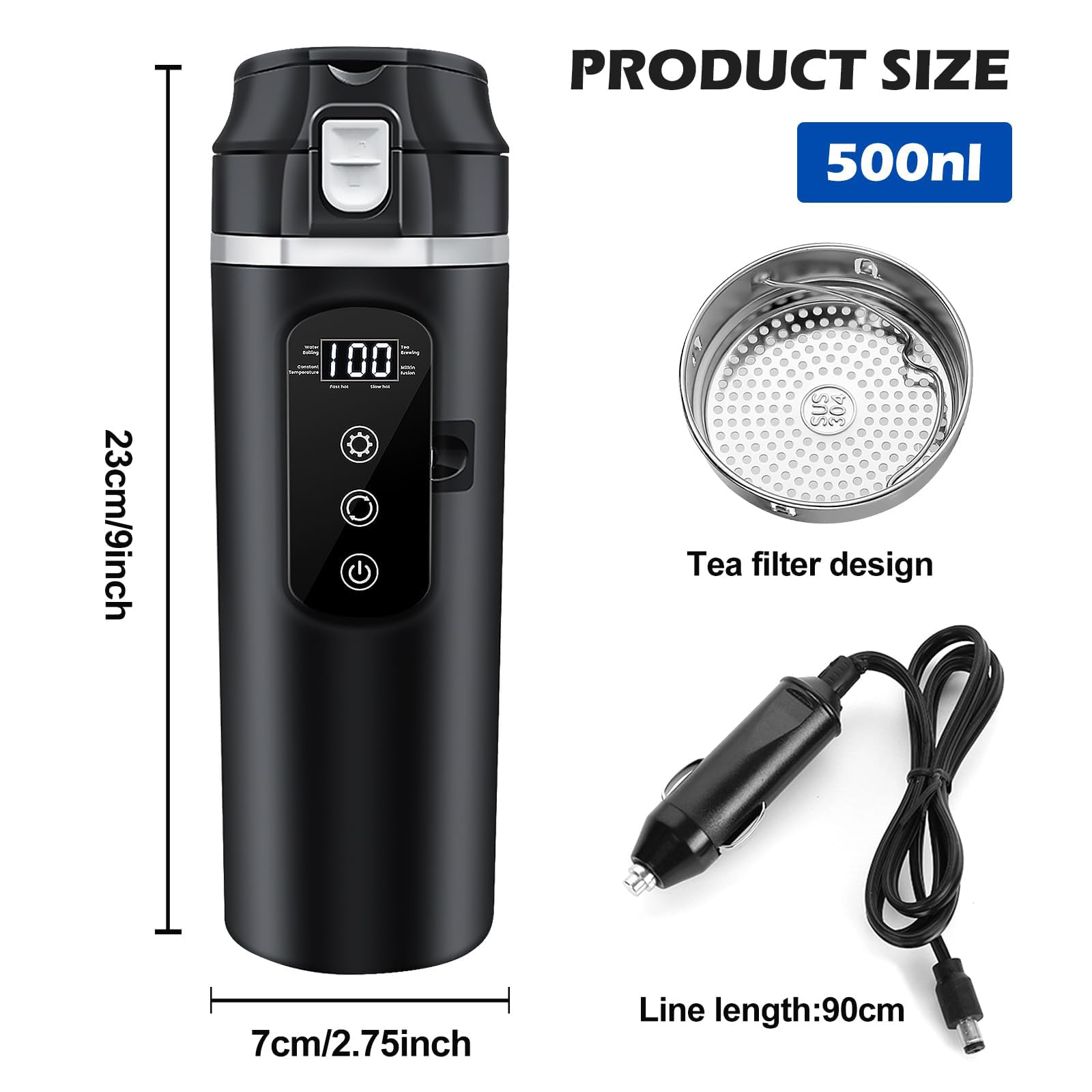 Bouilloire Voiture Bouilloire de Voyage 500ML Bouilloire Voiture Portable 12V 24V Bouilloire Electrique avec Contrôle de la Température et Écran LCD pour Camion Camping Voyage pour Thé Café Bébé Lait