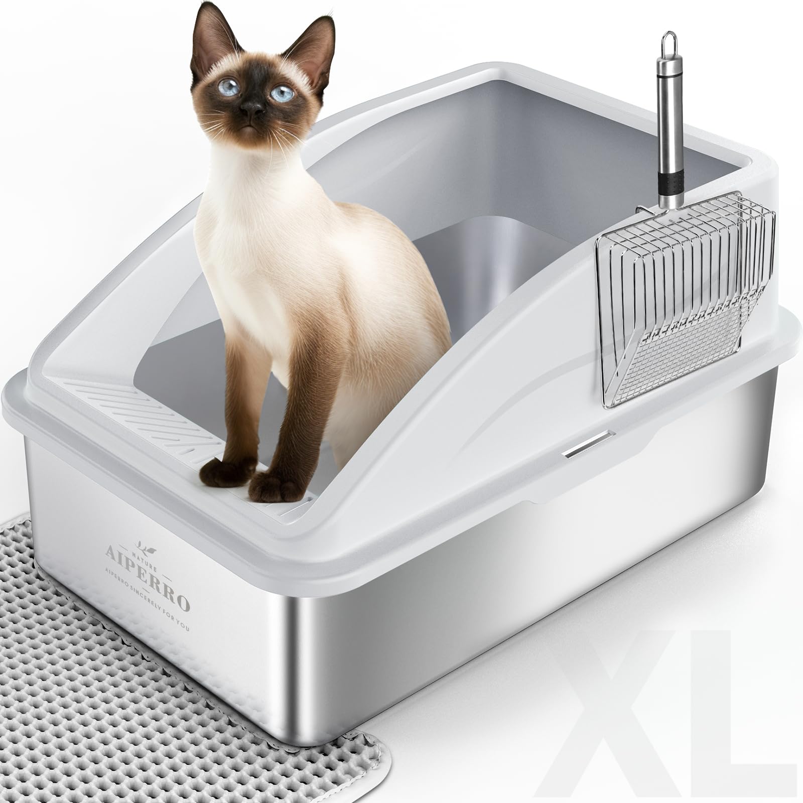Enclosed Cat Litter Box Stainless Steel with Lid | XL Extra Large Litter Box for Big Cats | Metal Litter Box High Sided | Anti-Urine Leakage, Include Cat Mat and All-Metal Litter Scoop