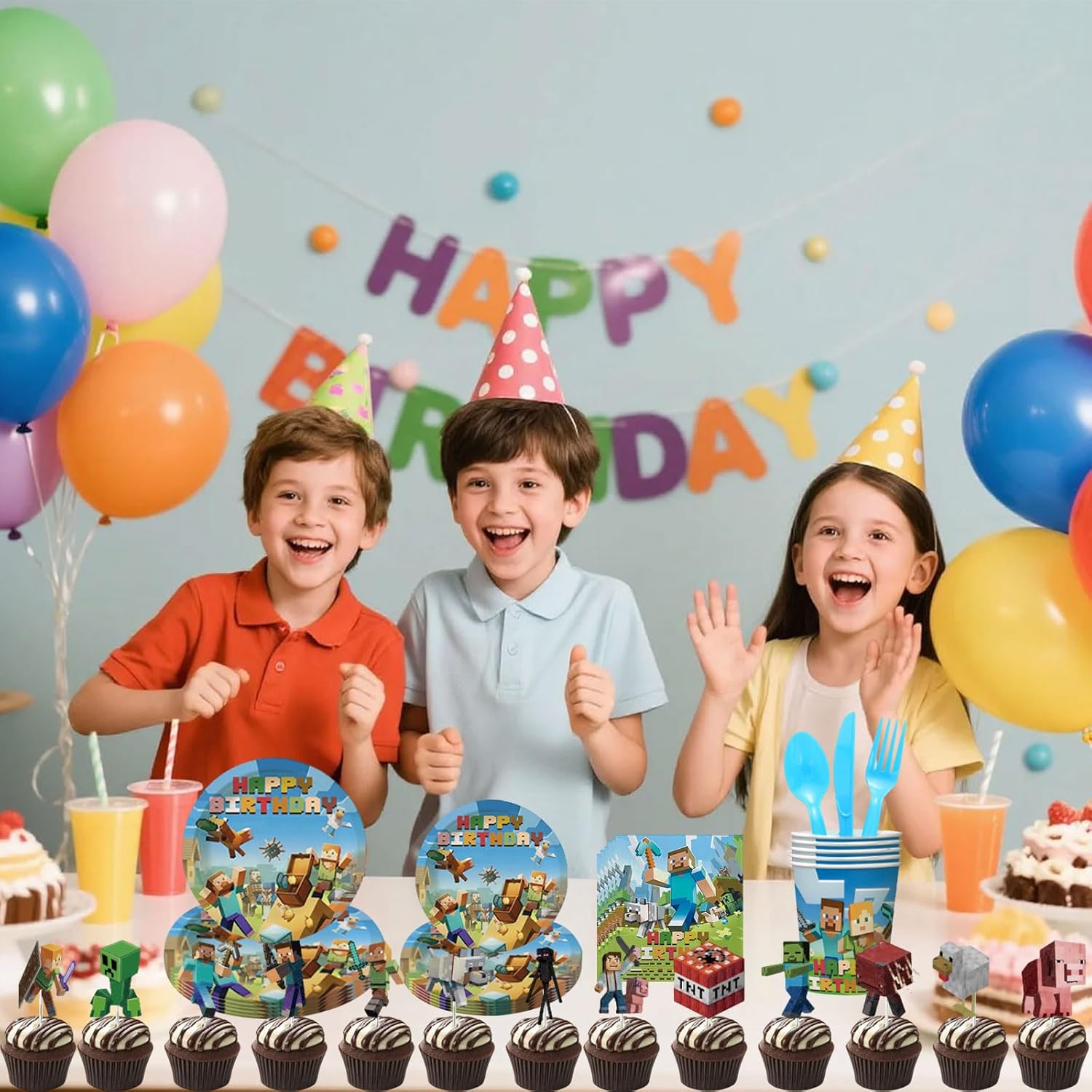 Pixel Birthday Party Decorations, Game Theme Party Supplies Set Including Balloons, Banner, Tablecloth, Hanging Swirls, Cake Topper, Cake Cupcake Toppers, Paper Plates, Paper Cup, Napkins