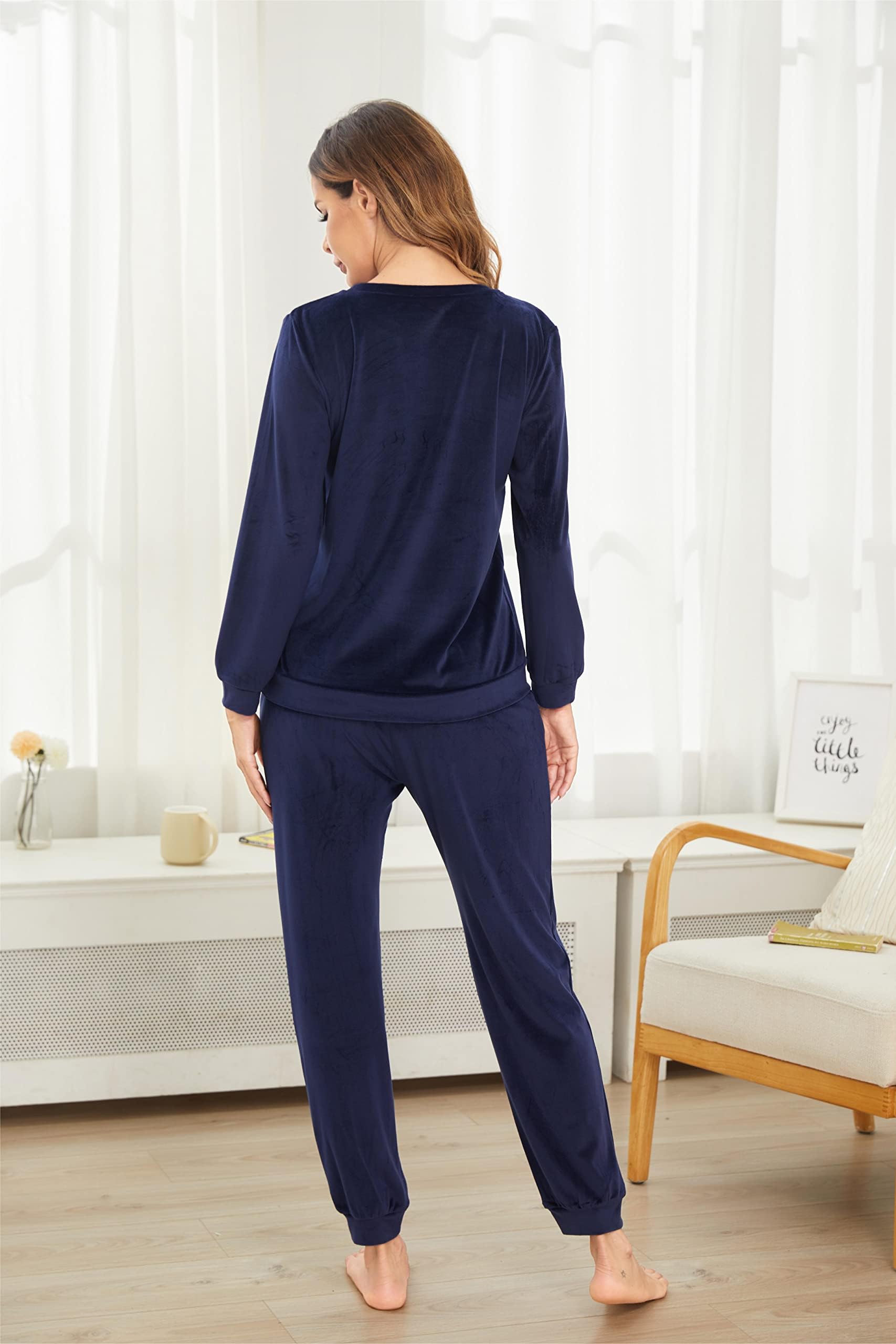 Ekouaer Pigiama da Donna Set Lungo Girocollo in Velluto per Il Tempo Libero Completo Pigiama Invernale Caldo Casual da Casa con Tasche