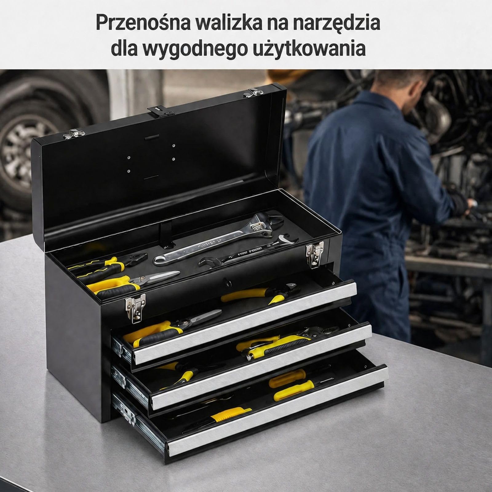 Skrzynka narzędziowa z 3 szufladami, wkładkami EVA, zamkiem, czarna powłoka proszkowa do garażu i warsztatu