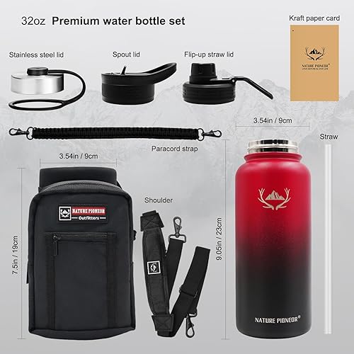 Miniatura 5 de NATURE PIONEOR Botellas de agua aisladas con pajilla, botella de acero inoxidable de 32 onzas con soporte, portador  funda, reutilizable, grado