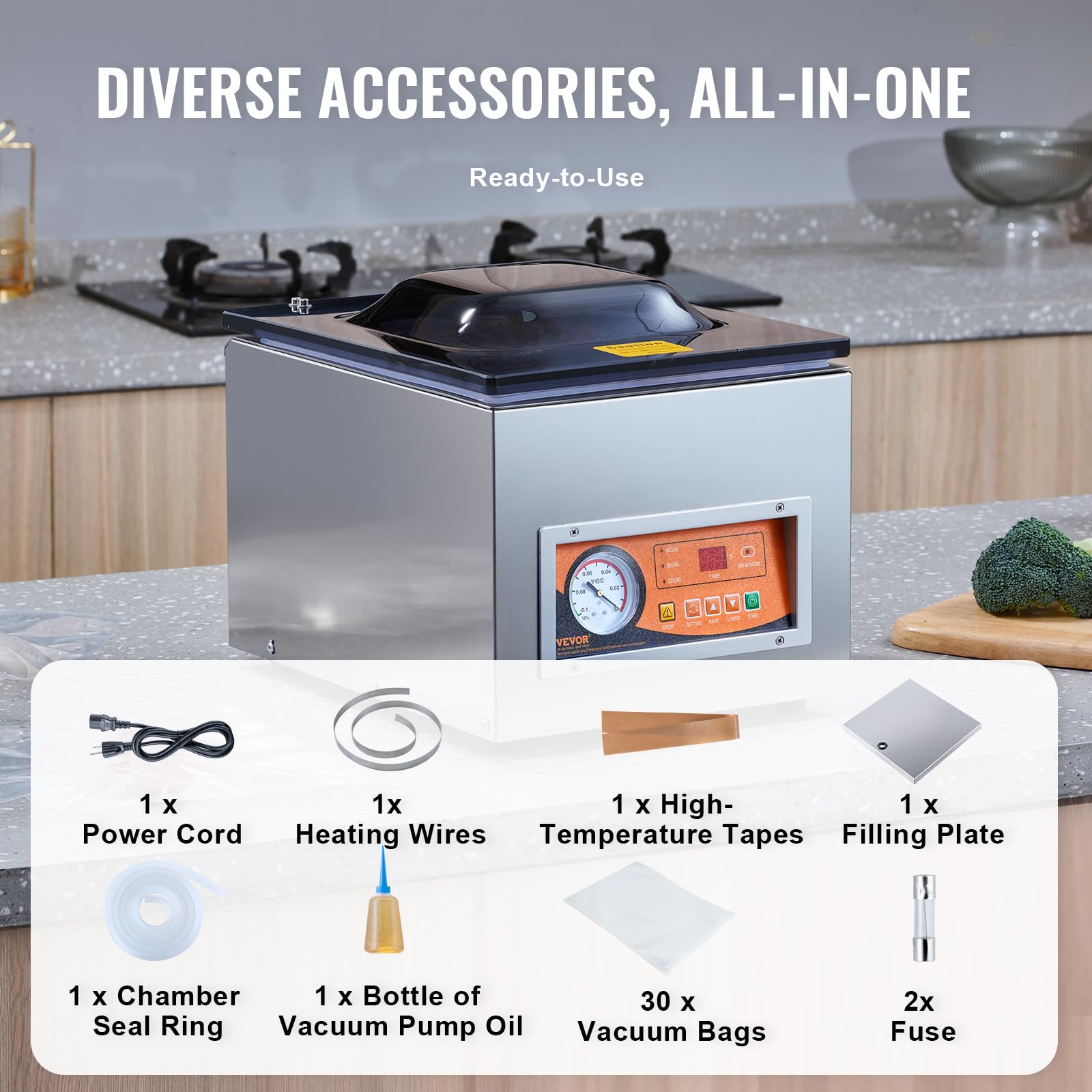 VEVOR Sellador al Vacío de Cámara 260 W Máquina de Envasado al Vacío de Acero inoxidable Tamaño Compacto de 260 mm para Cocina del Hogar Para Uso Comercial Para Alimentos Húmedos, Carnes y Adobos