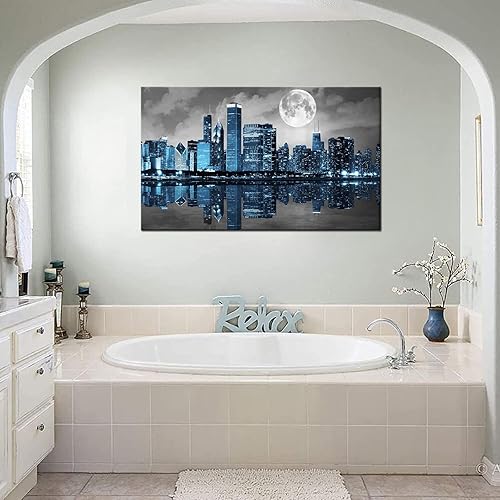Miniatura 5 de Biuteawal Black White Blue City Wall Art Chicago Pictures Decoration Moon Night Cityscape Skyline Canvas Painting Prints Framed Modern Home Living