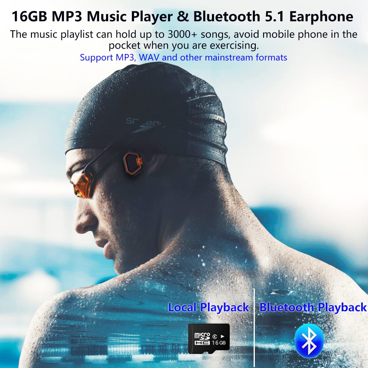 Casque Sans Fil Conduction Osseuse Bluetooth 5.1 IPX8 Étanche Sport, Écouteurs Natation 16Go MP3, Oreille Ouverte Bleu