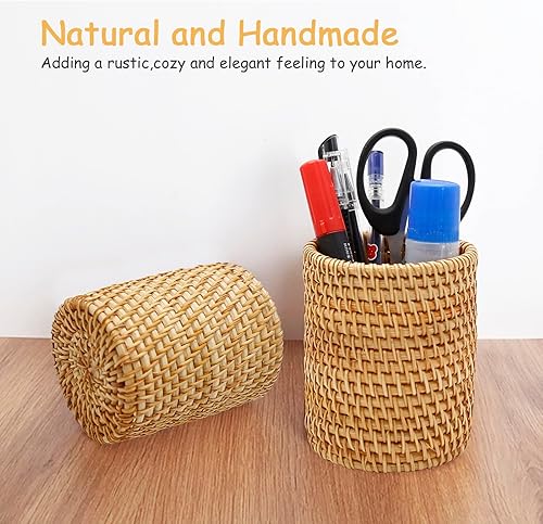 Miniatura 4 de Paquete de 2 portalápices de ratán hecho a mano, organizador de bolígrafos bohemio, accesorios de escritorio, soporte estético para escritorio lindo
