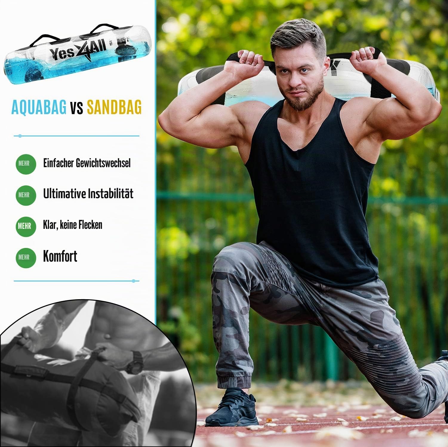 Yes4All Wassergewichtstaschen für Workout, 15,9/20,4/36,3 kg, Core-Training, Aqua Bag, tragbar, stabil, Fitness, Beweglichkeit, haltbar für drinnen und draußen, Größe Large, transparent und dunkelblau