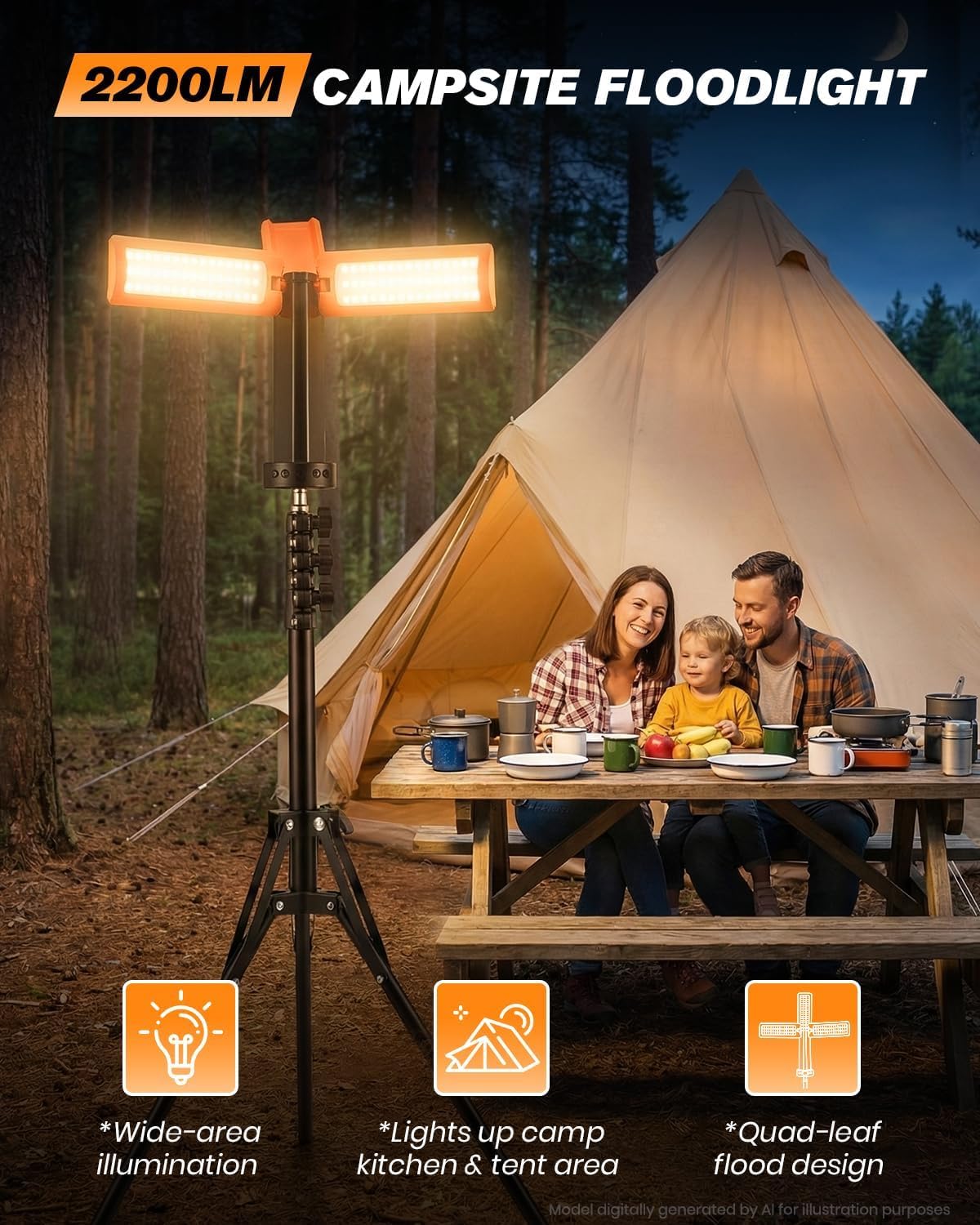SakerNeo Wiederaufladbare Campingleuchte mit Ständer, 2000 Lumen, tragbare Campinglaterne, 3-blättrige verstellbare Köpfe, 180°/270°, 10400mAh Akku, 5 Helligkeitsstufen, Magnetfuß & Haken zum