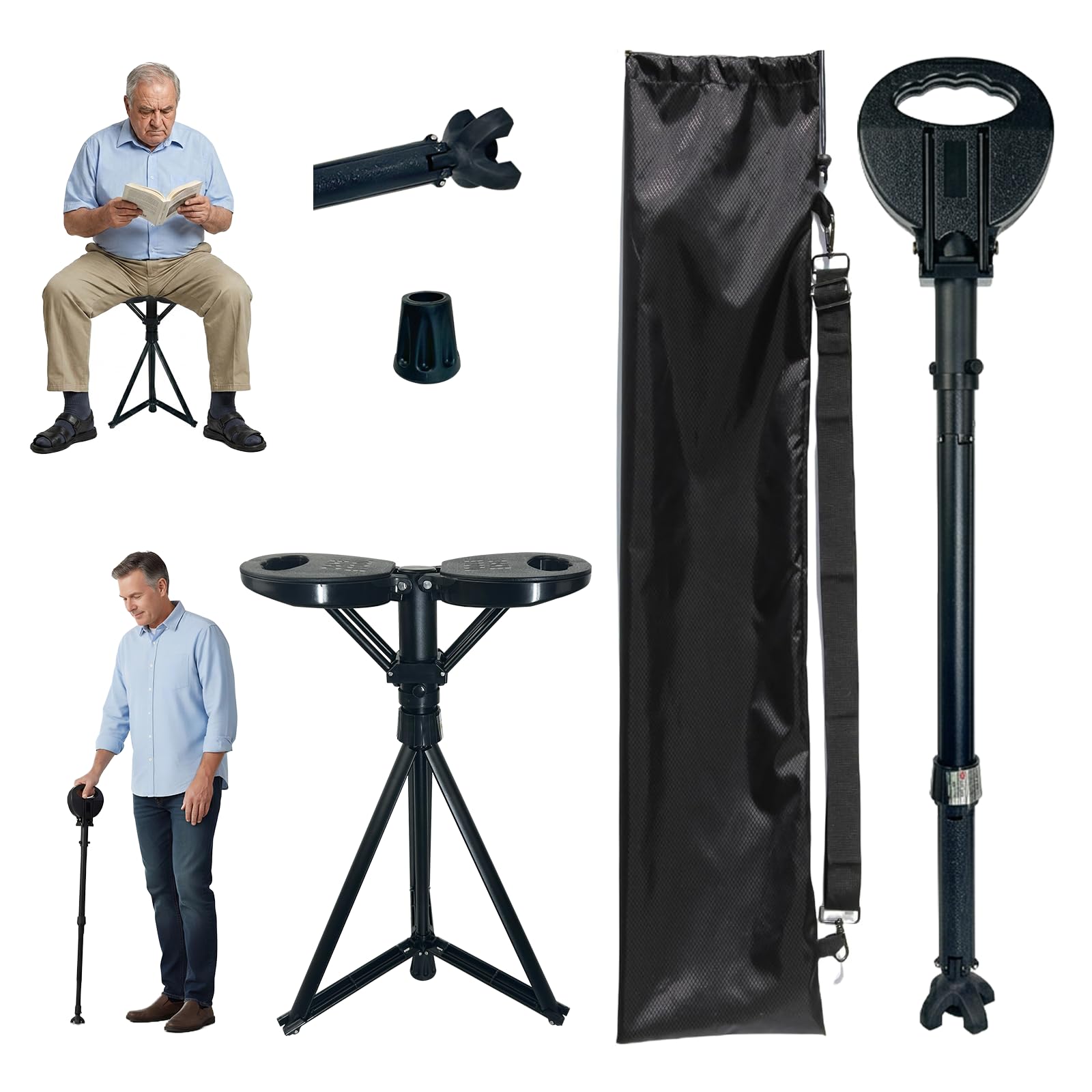 Gehstock mit Sitz, Faltbarer Gehstock, Höhenverstellbare Leichtbau-Gehstock für Erwachsene & Senioren,Geeignet für Wanderungen und den Einsatz im Freien mit Tragetasche (Tragkraft 250 KG)