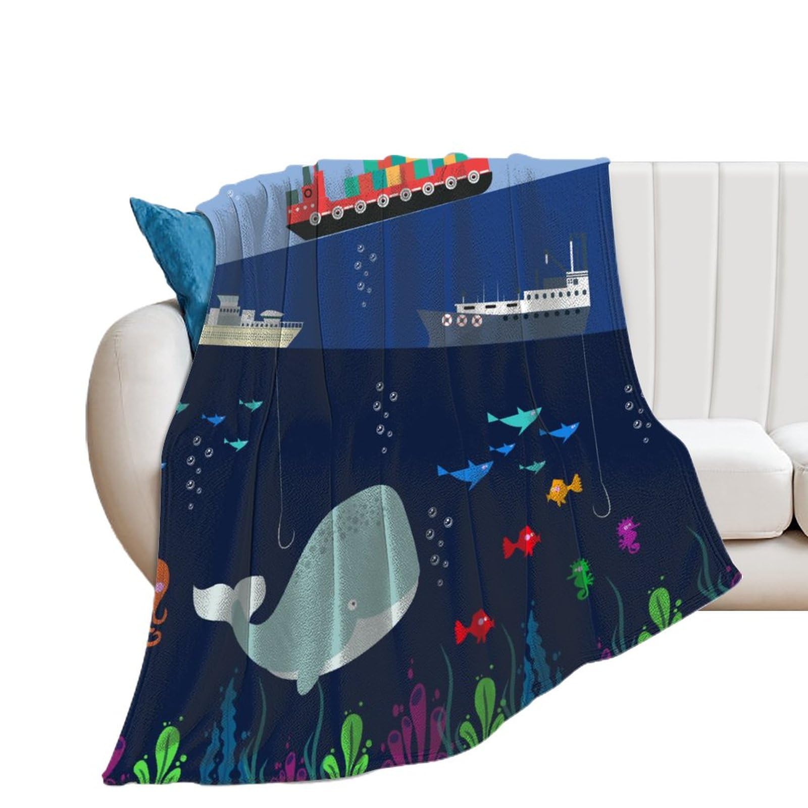Couverture polaire bateau-baleine ideale pour les soirees cocooning en famille