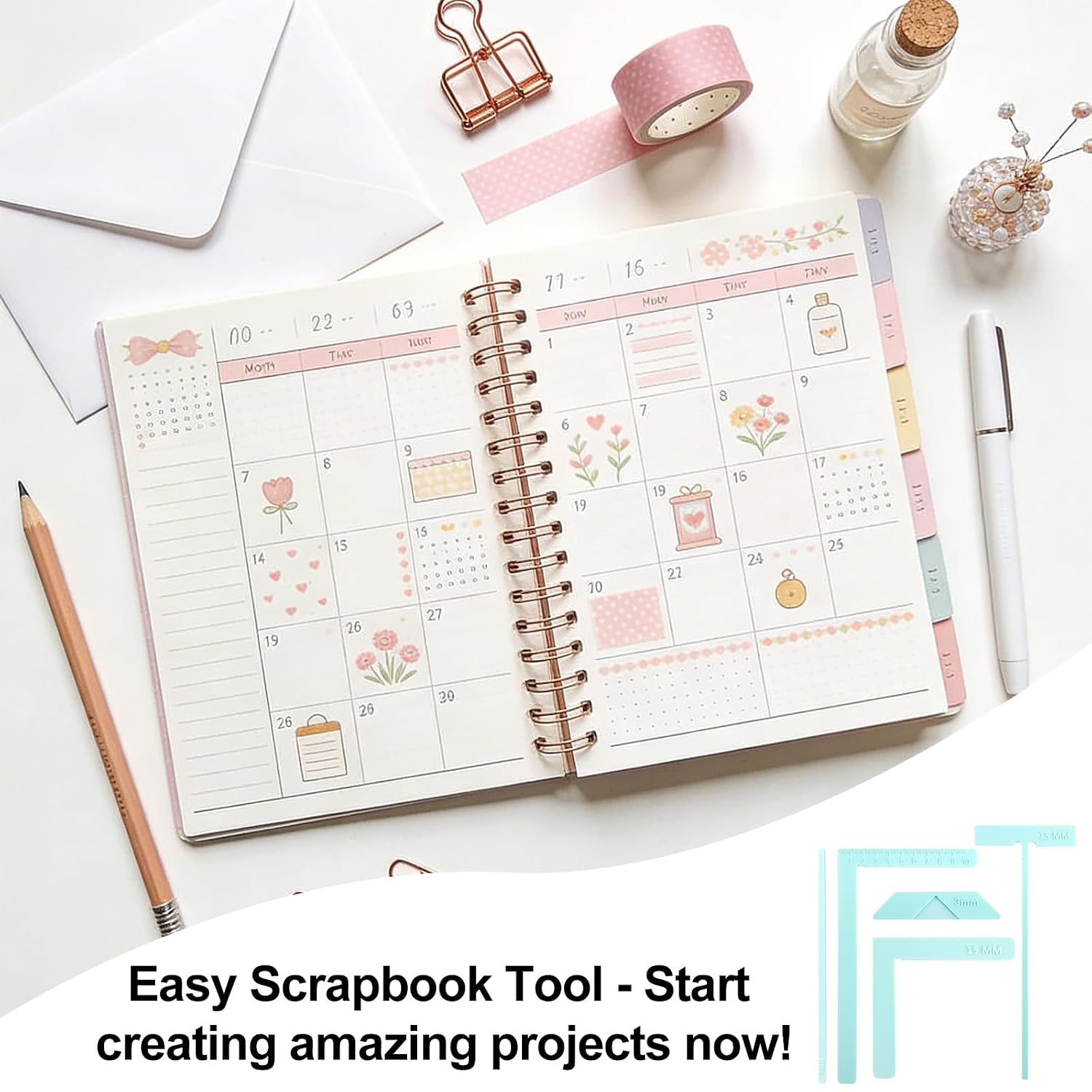 5pcs Bookbinding Easy Scrapbooking Tools, Plastic Bookbinding Starter Kit with Corner Miter Spine Spacer Divider Tools Cutter Guide Can Be Made into Notebook Junk Journal Handbook (Turquoise)