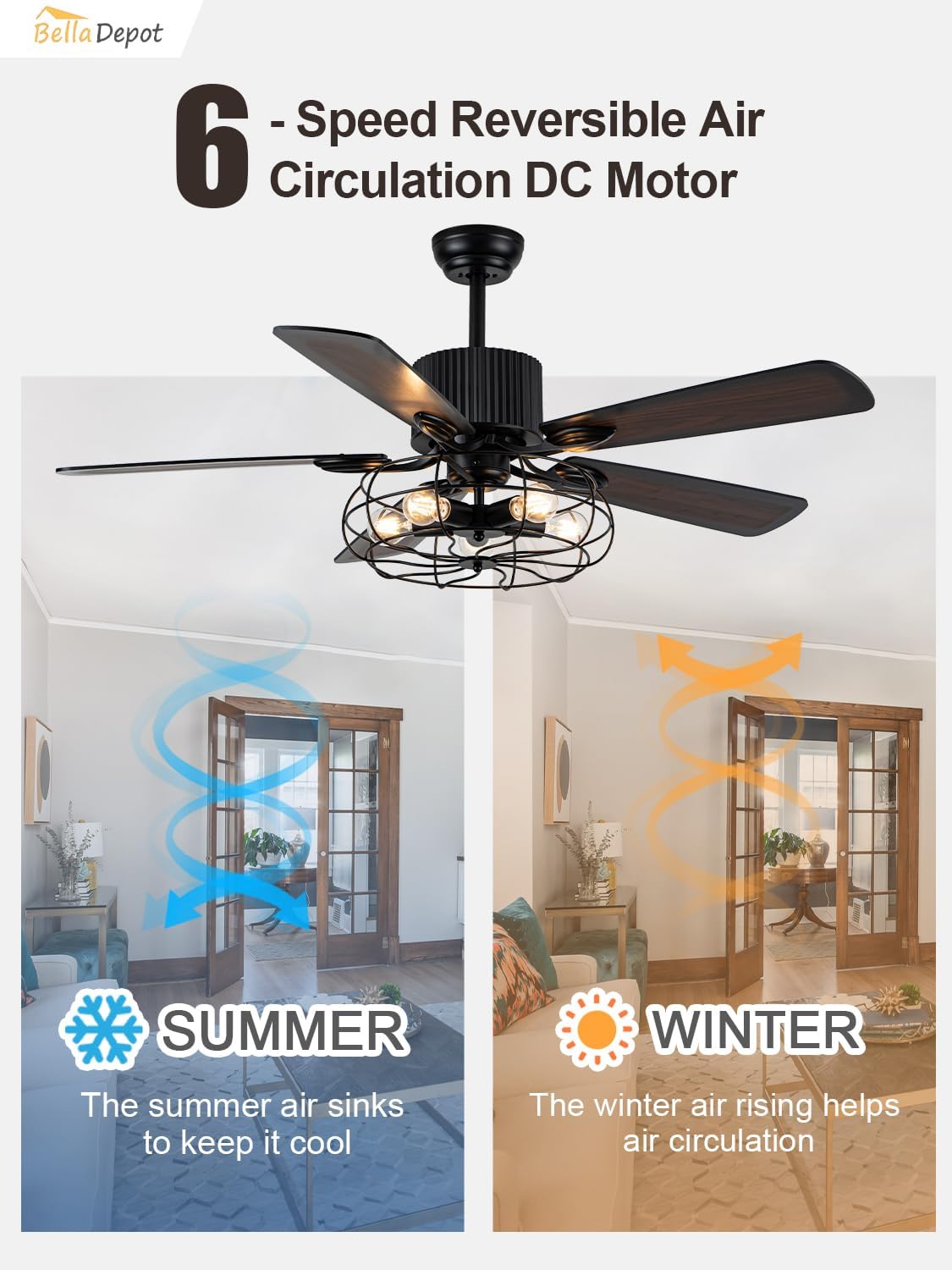 Bella Depot 52" Industrial Ceiling Fan Farmhouse Caged Chandelier Fan with Light Remote Vintage Rustic Indoor Fandelier with Silent Motor for Dining Living Room Bedroom Porch Outdoor (Coffee)