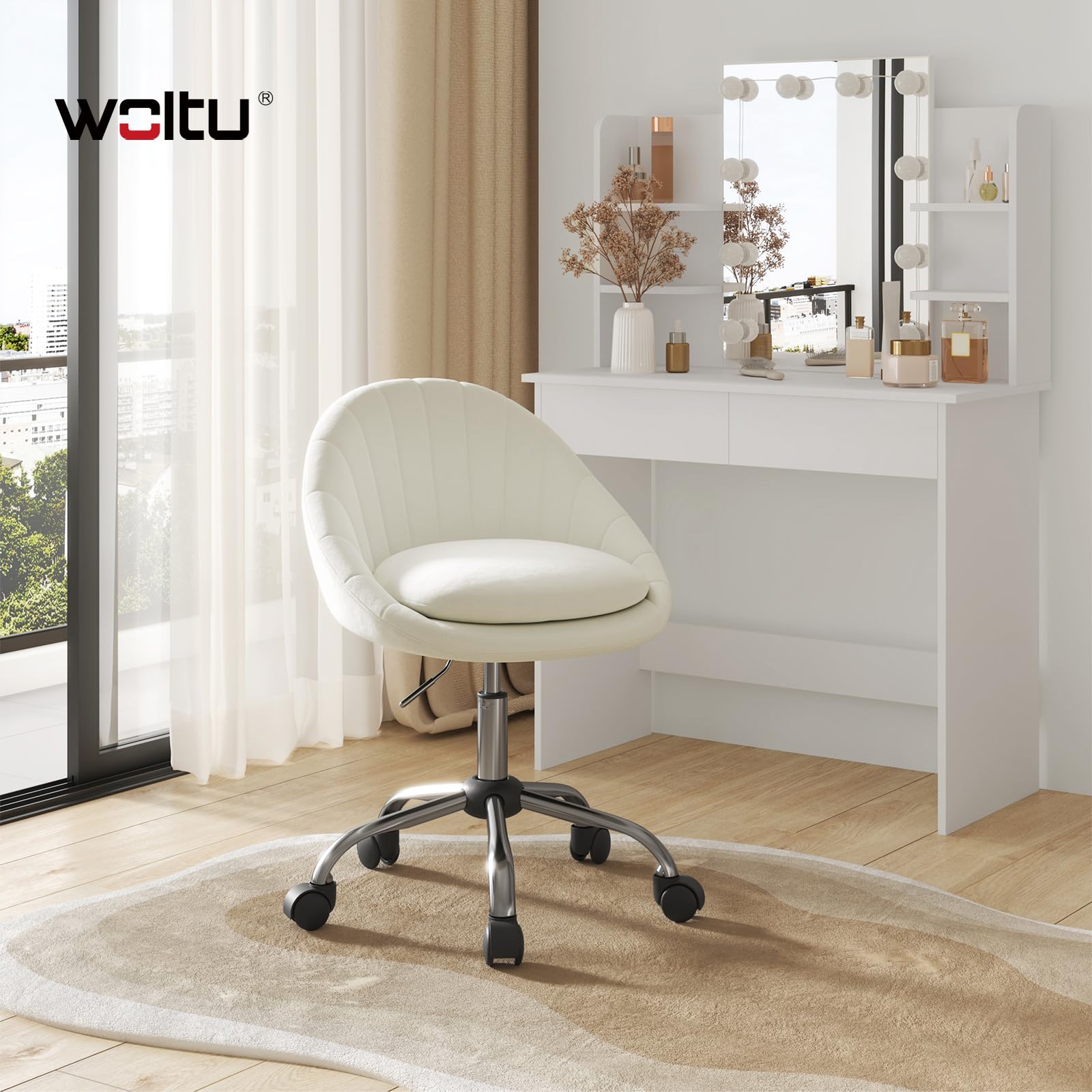 WOLTU Chaise Bureau, Chaise Coiffeuse Pivotante, Siège Rembourré avec Double Coussin, Réglable en Hauteur, pour Bureau, Chambre, en Velours, Beige, BS167cm