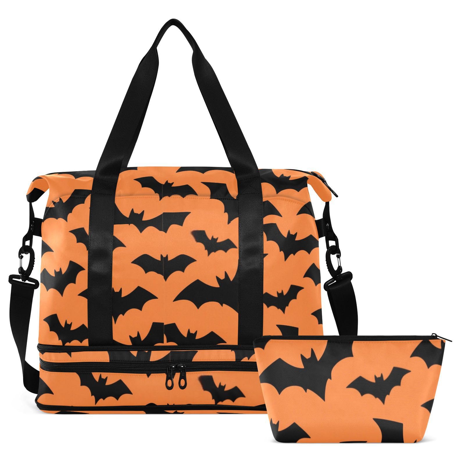 Halloweenowy nietoperz czarny i pomarańczowy podróżna torba podróżna na noc z kieszenią na mokro regulowany pasek torba na siłownię do samolotu podróż duża pojemność dla mężczyzn kobiet