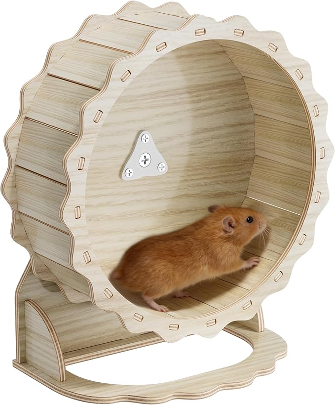 Wooden Hamster Wheel, Silent Running Wheel for Small Pets, 8 Inch Natural Wood Exercise Wheel with Stand, Quiet Spinner for Dwarf Hamsters, Roborovski, Gerbils, Mice and More