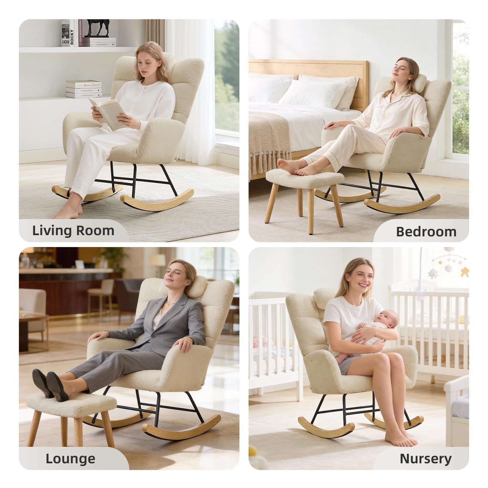 GarveeHome Schaukelstuhl mit Kopfstütze, Teddy-Fleece, Beige
