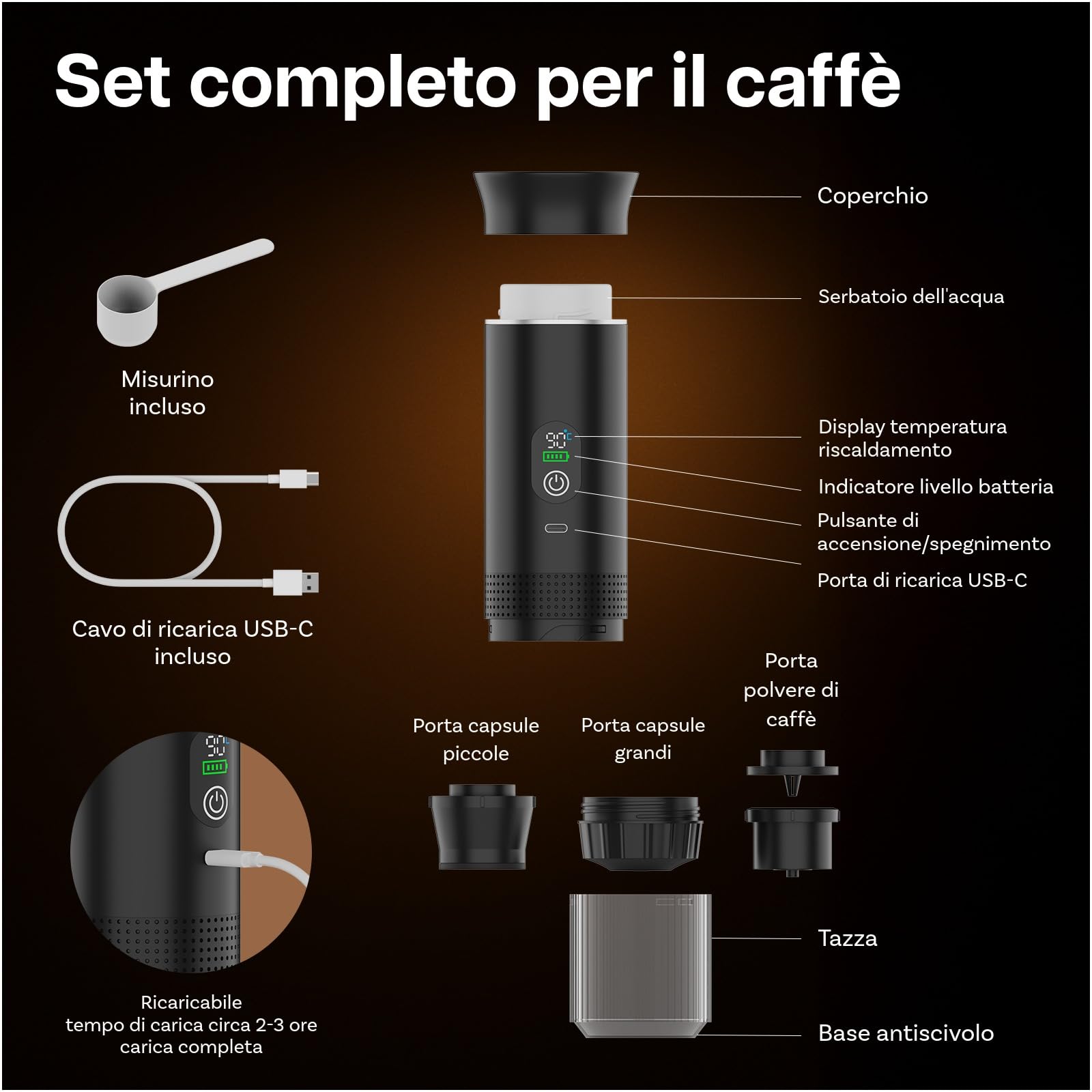 MMOBIEL Macchina Caffè Portatile Macchina da Caffè Espresso Elettrica con Anti-Scivolo, Riscaldante & USB-C – Compatibile con Capsule & Caffè Macinato per Viaggio, Campeggio, Casa, Auto, Ufficio