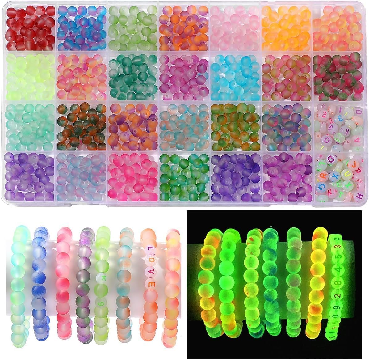 Glow in The Dark Bracelet Making Kit - 890pcs 24 Color 6mm Luminous Crystal Beads with Letters/Numbers & Gold Hearts DIY Bracelet Necklace Earring Craft Jewelry Making Kit for Party & Wedding Decor