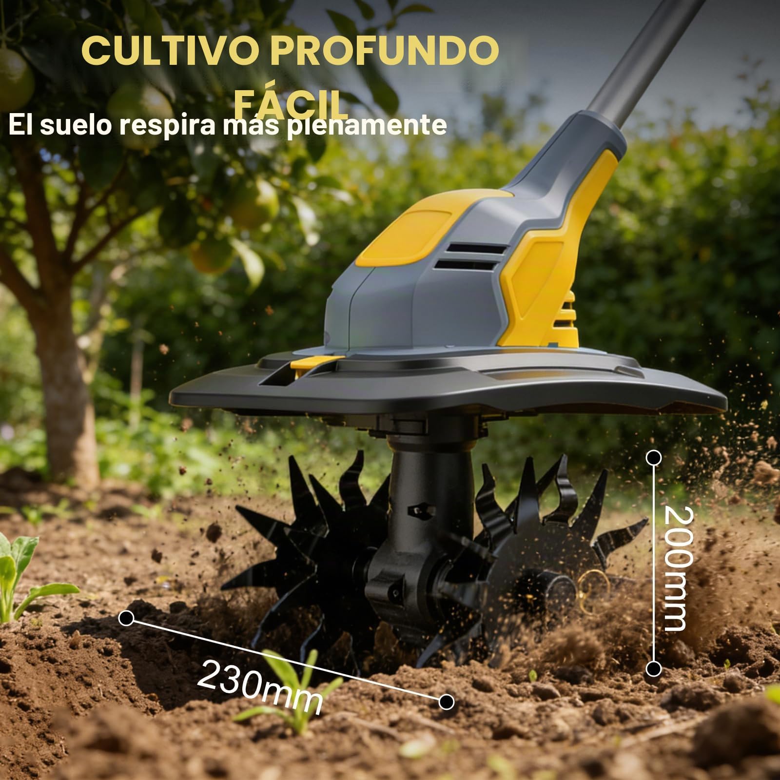 Motoazada Electrica 800W,Motocultor Plegable,Profundidad de Labranza 20 cm, Anchura de Labranza 23 cm, con Pantalla Indicadora de Carga para Labrar Jjardines y Huertos (Dos Baterías)