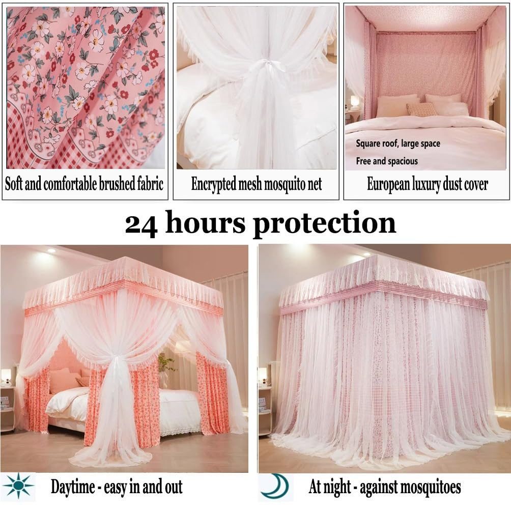 Zanzariera a baldacchino di Lusso a Doppio Strato - 1,8 m/6 Piedi, Tenda da Letto Matrimoniale con Supporto in Metallo (Colore: Rosa-1, Dimensioni: Doppio Strato)