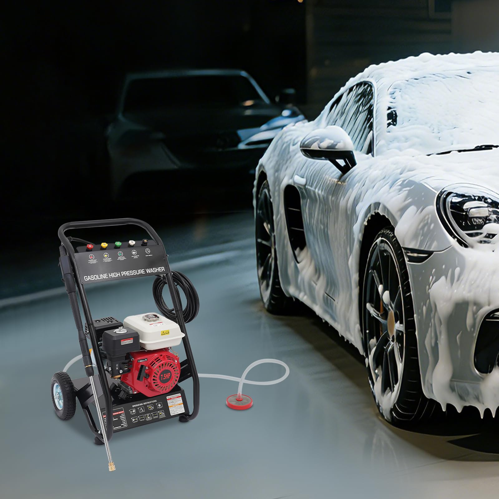 Limpiador a presión de gasolina de 2200 PSI, 2,3 GPM, con 5 boquillas, manguera de 8 m, ruedas y marco de metal estable, para coche, patio, jardín, y versátil limpieza exterior