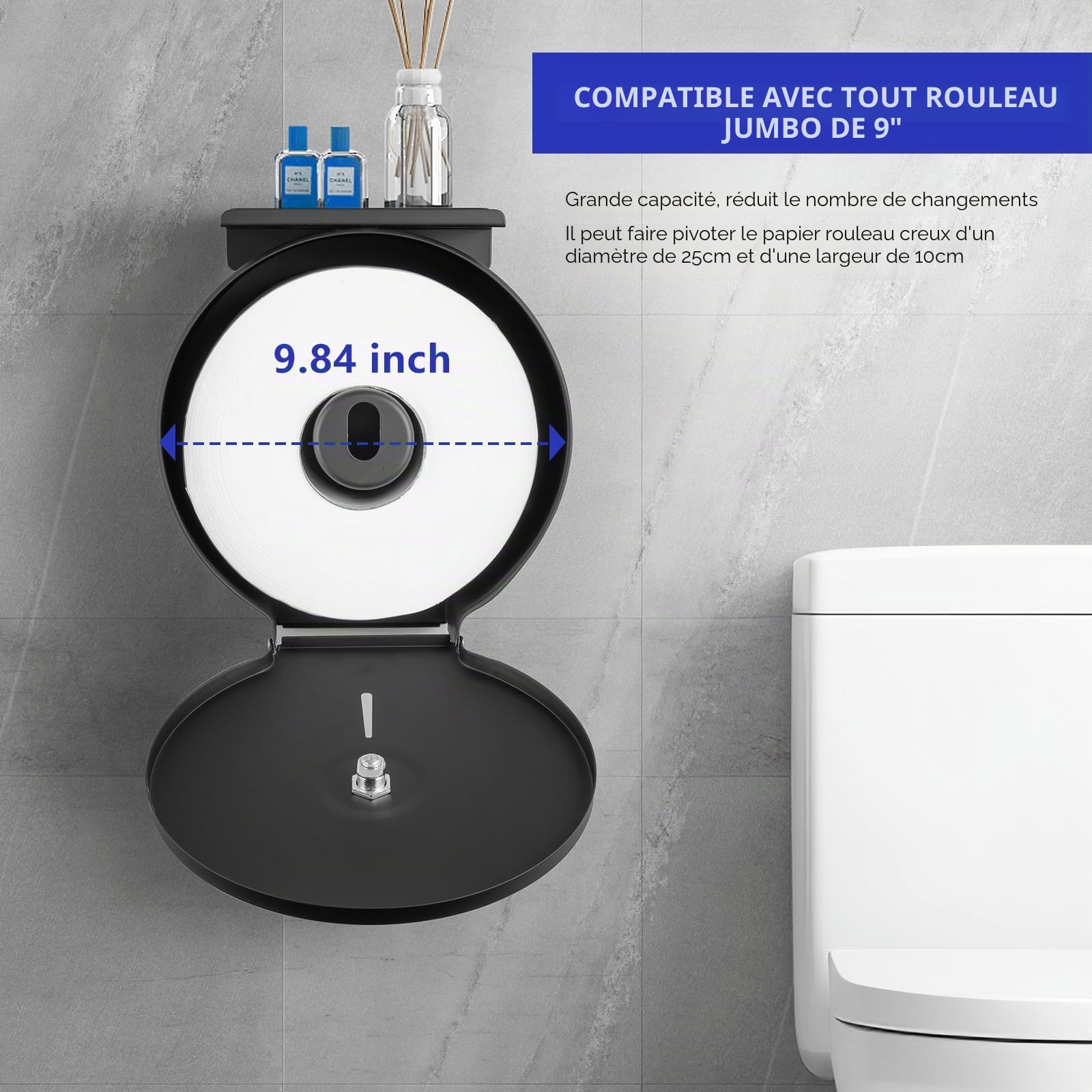 Distributeur de Papier Toilette Jumbo Commercial, Support Mural en Acier Inoxydable, 22,9 cm, Distributeur de Papier Toilette avec clé de Verrouillage (Noir)