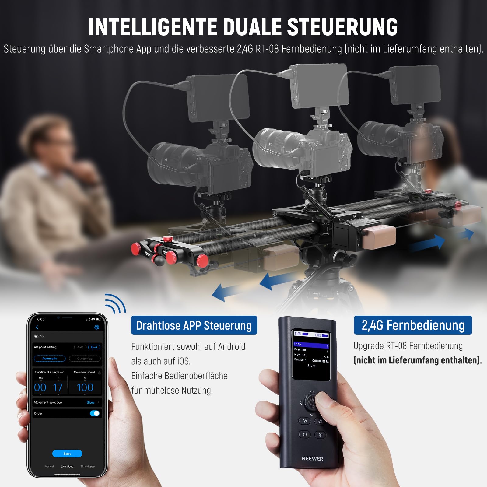 NEEWER 80cm motorisierter Kameraschlitten, DSLR Kohlefaser Dolly Schienenslider mit App Steuerung, 4400mAh F750 Akku für Zeitrafferaufnahmen, unterstützt Videomodus, Ladegerät Nicht enthalten, ER1-80