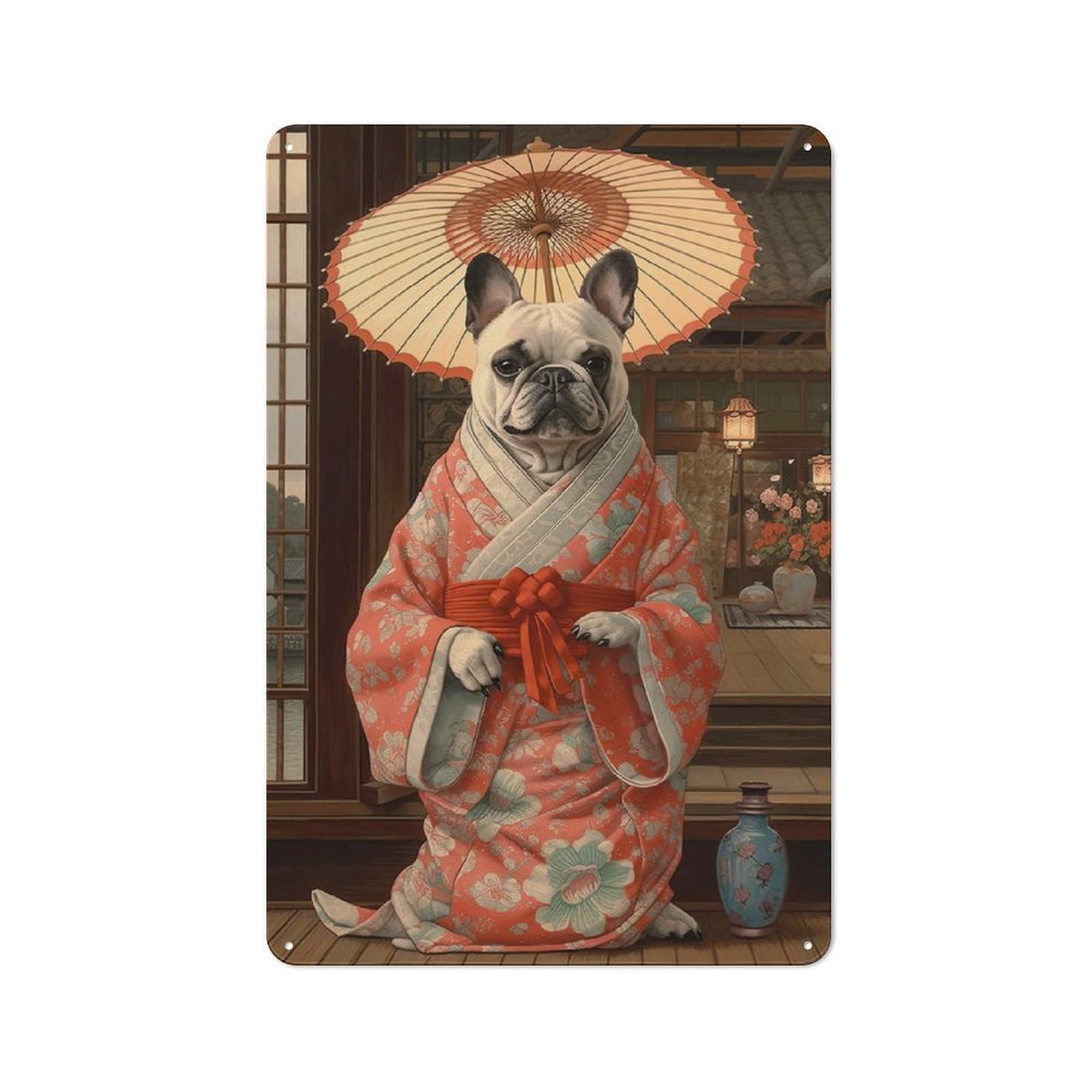 Tin Wall Plaque 30x20cm with French Bulldog Geisha for Living Room Or Hallway, A Decorative Christmas Gift for Home Wall Decor Collectors