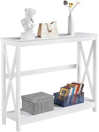 Miniatura 16 de Yaheetech 2 hileras X Diseño Pasillo Grande mesa consola para entrada con estante de almacenamiento, mueble para sala de entrada (Negro) Negro