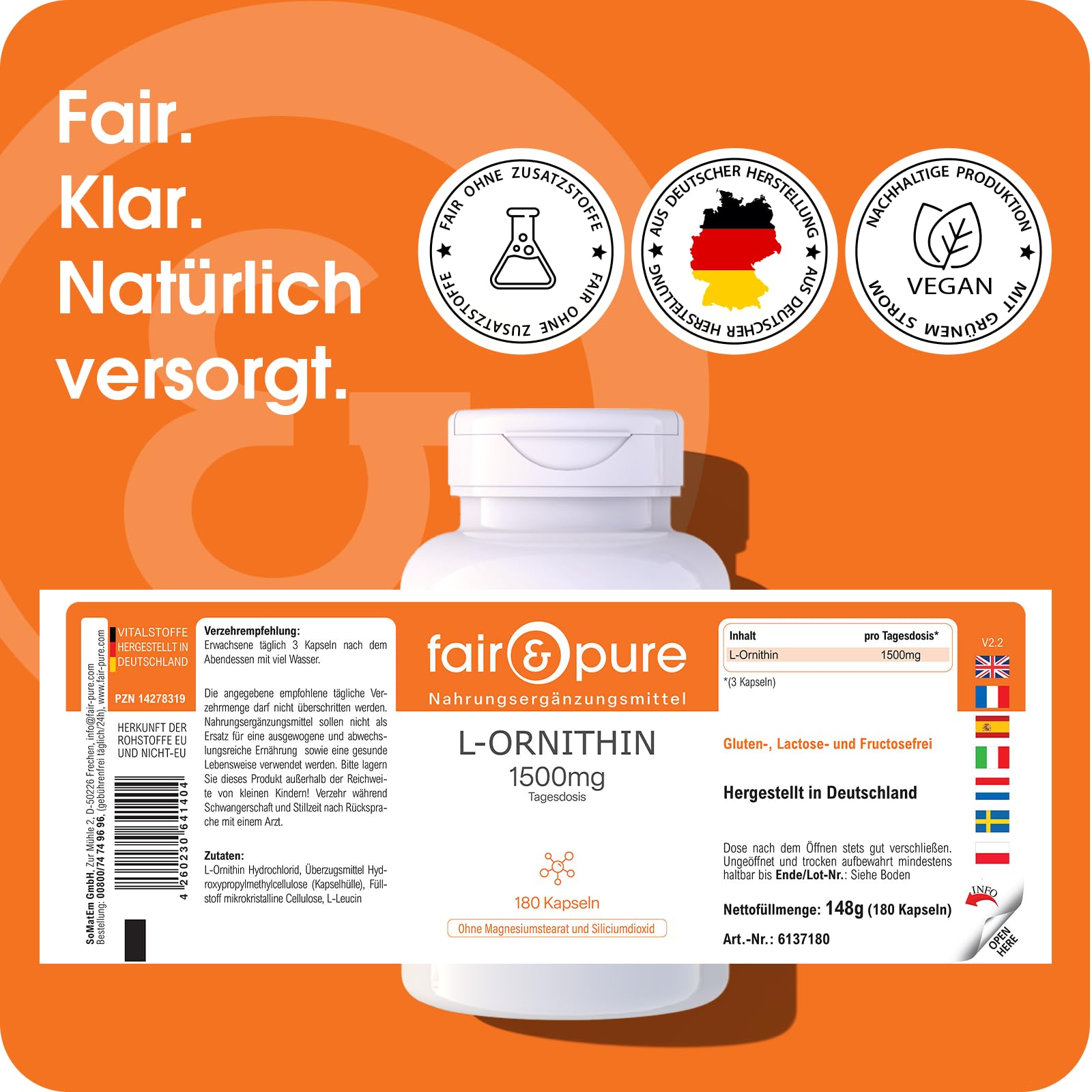 Fair & Pure L-Ornithin 1500mg pro Tagesdosis, 180 Kapseln, hochdosiert, Nahrungsergänzungsmittel vegan ohne Magnesiumstearat, in Deutschland hergestellt