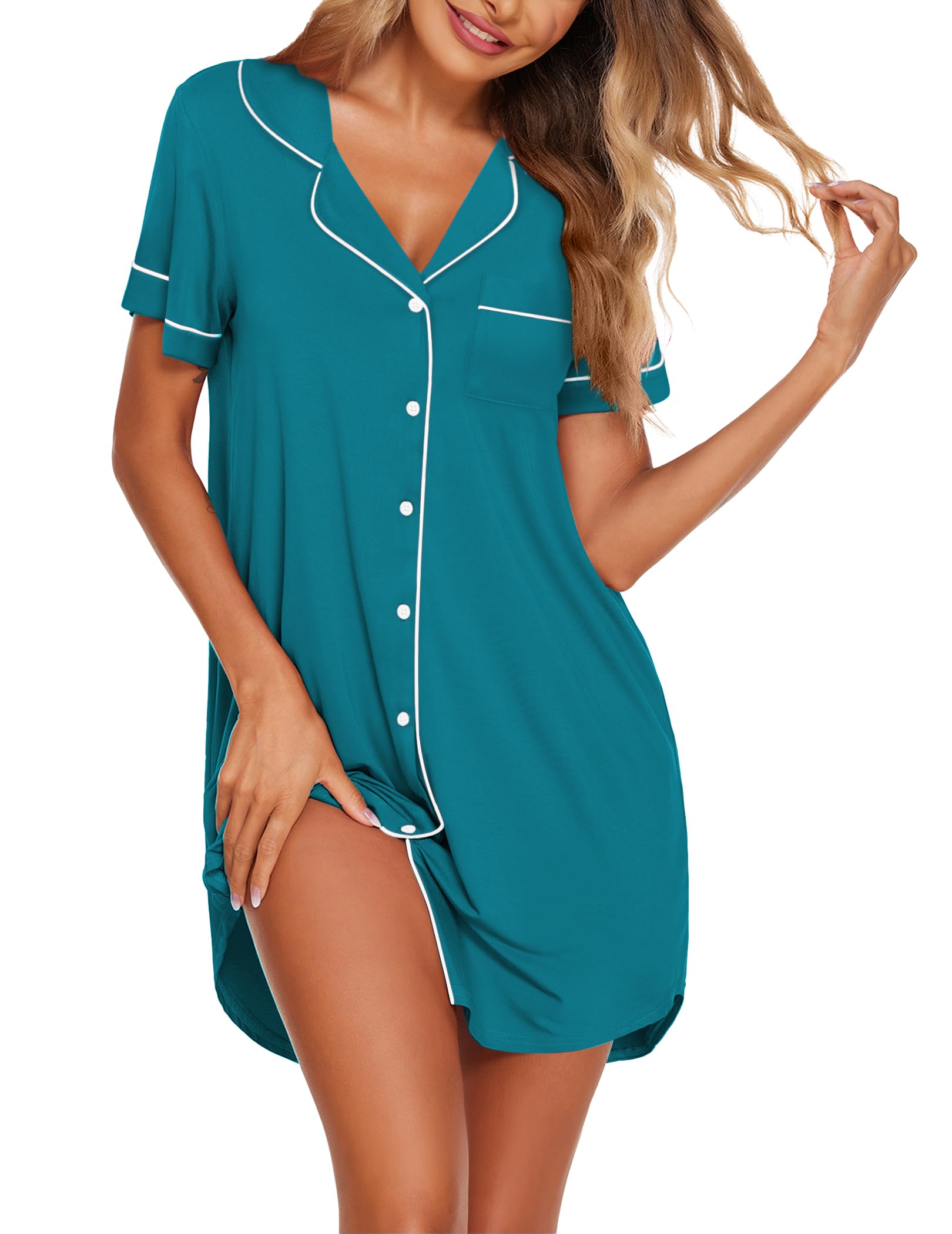 ekouaer nightgowns for women button down sleepshirt short sleeve nightshirt boyfriend pajamas v neck nightdress s-xxxl