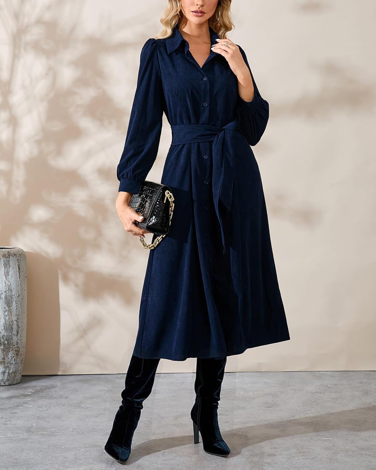 Women's Corduroy Midi Dress Long Sleeve Button Down Belted Flowy Shirt Dress with Pockets - Image 4