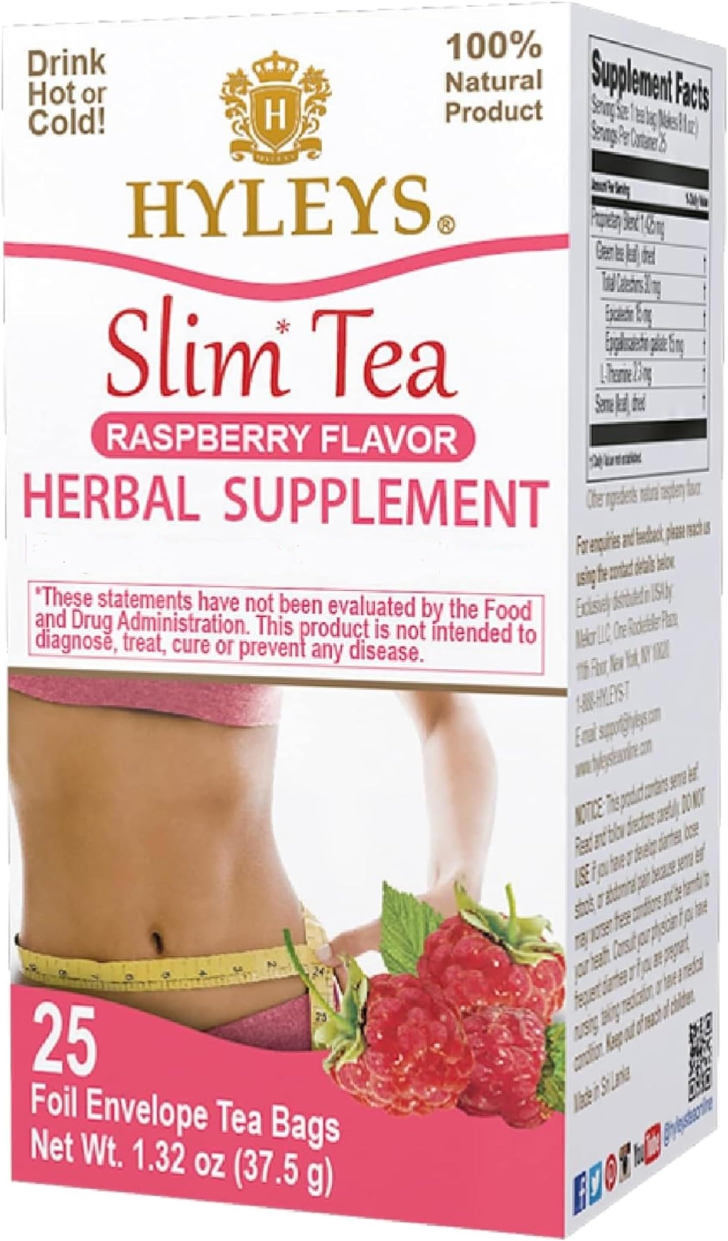 Slim Tea Raspberry Flavor - Weight Loss Herbal Supplement Cleanse and Detox - 25 Tea Bags (1 Pack)