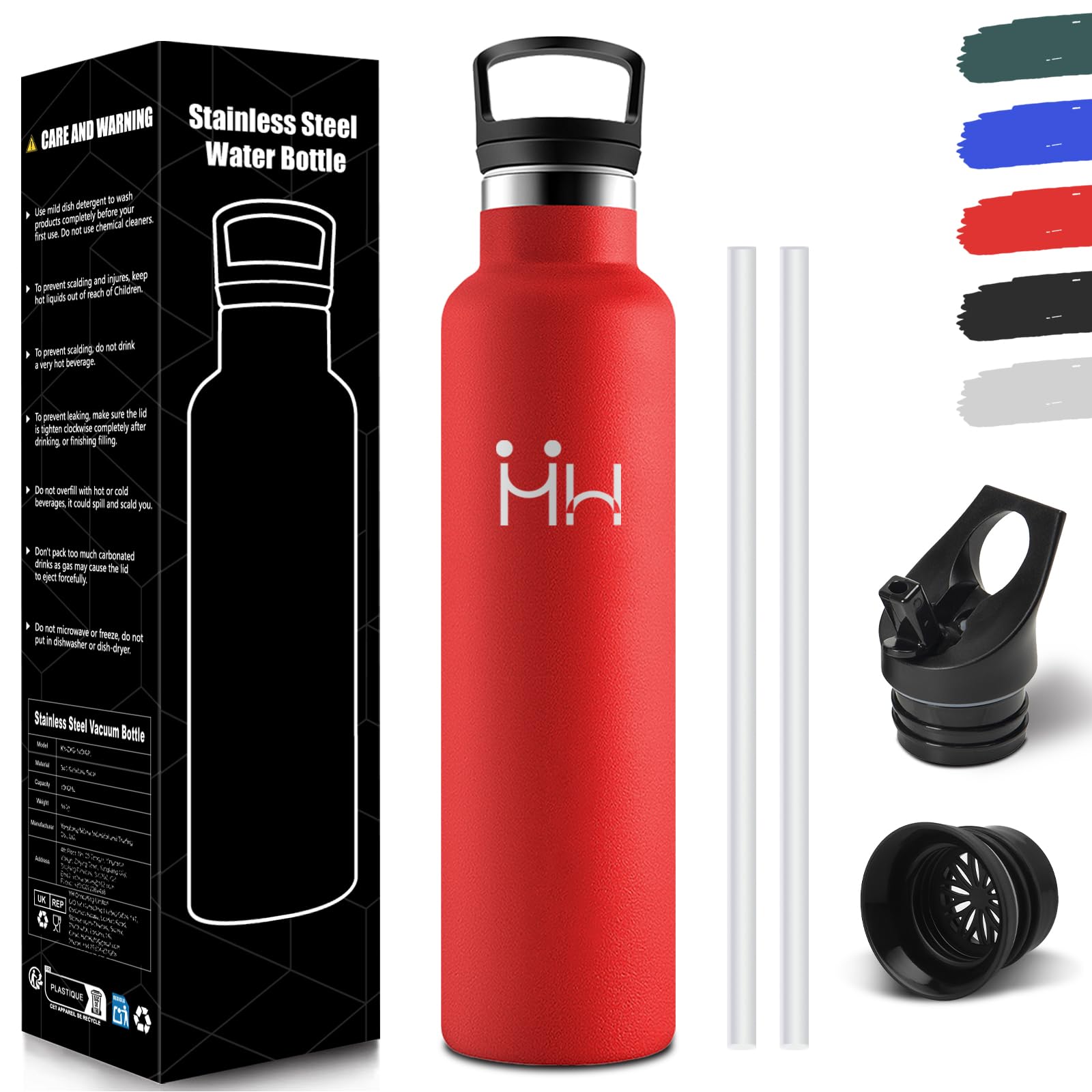 HoneyHolly Borraccia 1 Litro, Senza BPA, Bottiglia Termica, Sottovuoto a Doppia Parete, Borracce Termiche, 18/8 Acciaio Inox, Borraccia Termica con Cannuccia, Termos per Palestra, Sport, Bici