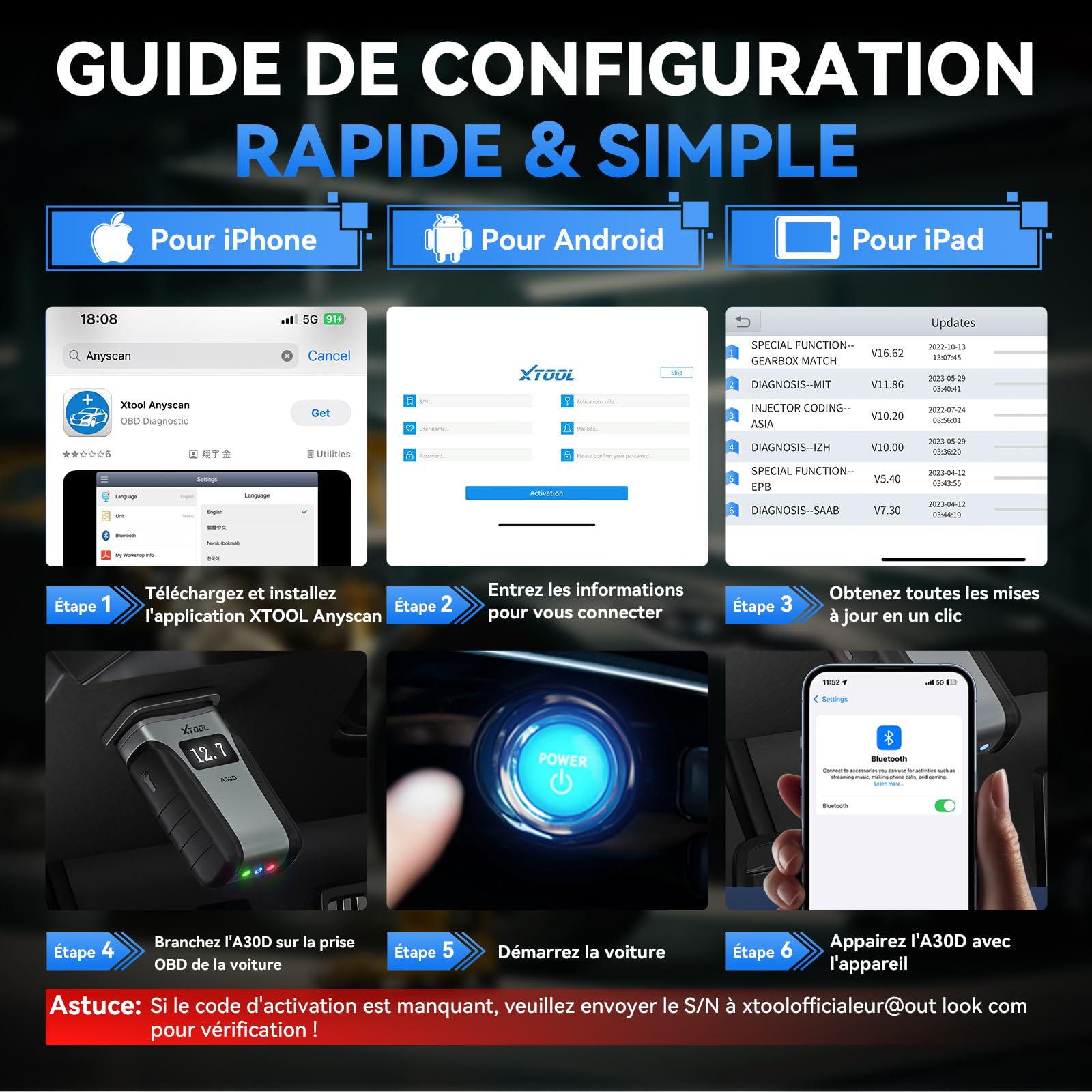 XTOOL A30D OBD2 Valise Diagnostic Auto BT, 2026 Lecteur OBD2 Voiture Français, 19+ Réinitialisations, Test Actif, Diagnostic Tous Systèmes, Can FD, Mises à Jour à Vie, Anglais par Défaut