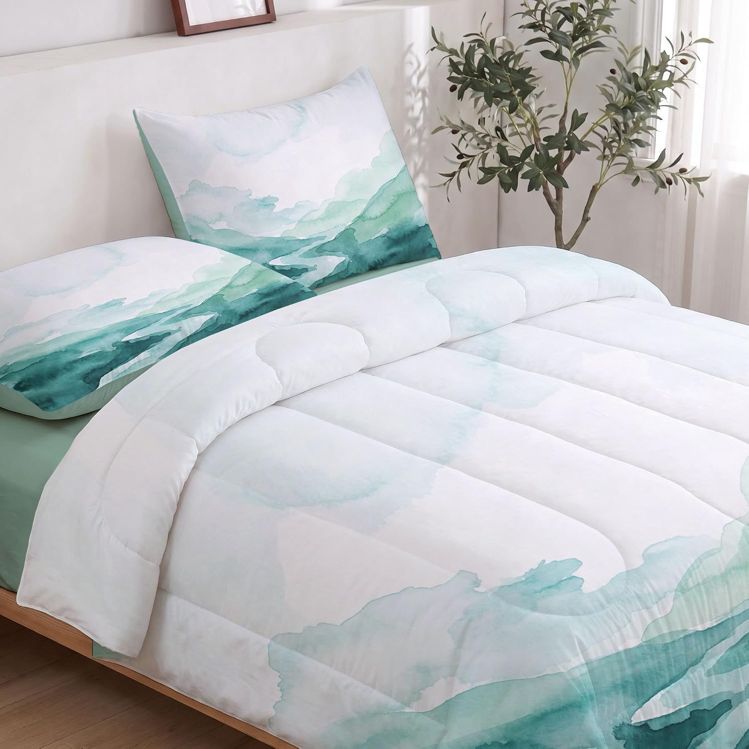 Freehand Watercolor Quilt Queen Size Light Green Quilt Bedding Set | 3 Pieces Soft Lightweight Microfiber Mountains and Rivers Bedspread Coverlet Set for All Season, 90"X90"