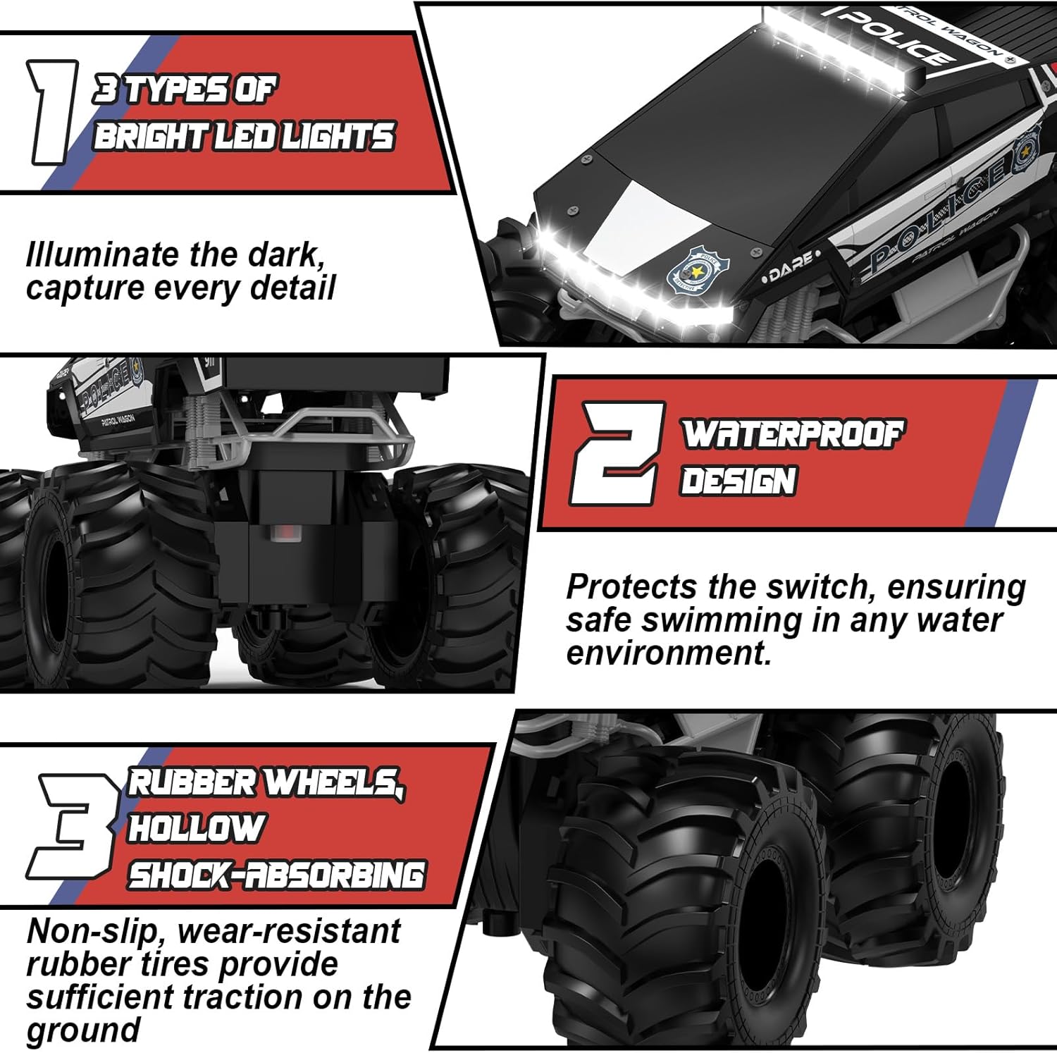 Police Remote Control Car, 1:18 Cyber Truck Remote Control Car, 2.4 GHz Waterproof Amphibious RC Cars, 4WD All Terrain Off-Road Pickup, 360° Rotatable Monster Truck Toys for Boys RC Cars Ages 6+