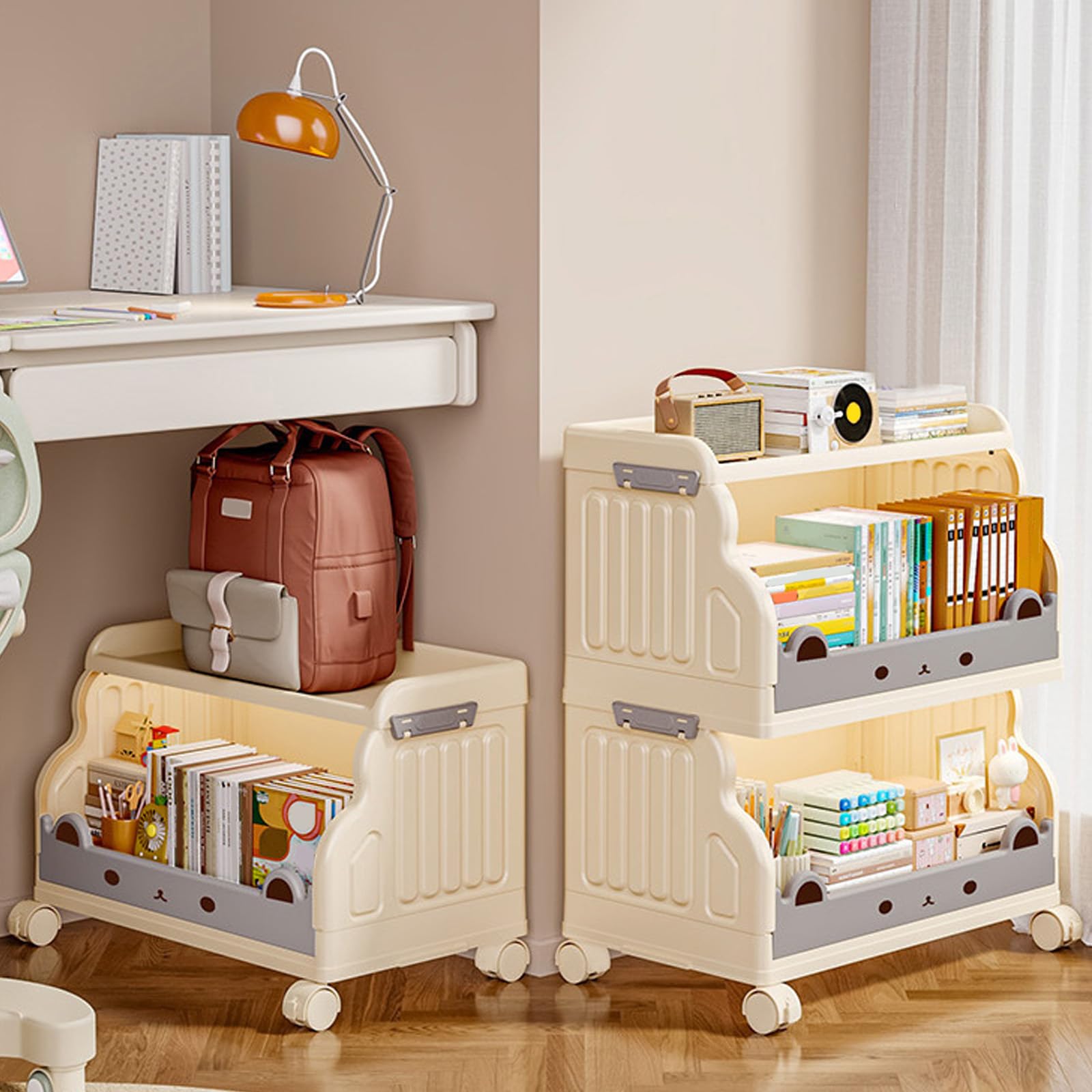 Carrito de almacenamiento con ruedas de plástico, 1 estantería ajustable de 4 niveles con mecanismo de bloqueo para sala de estar, oficina, baño, cocina, ahorro de espacio blanco