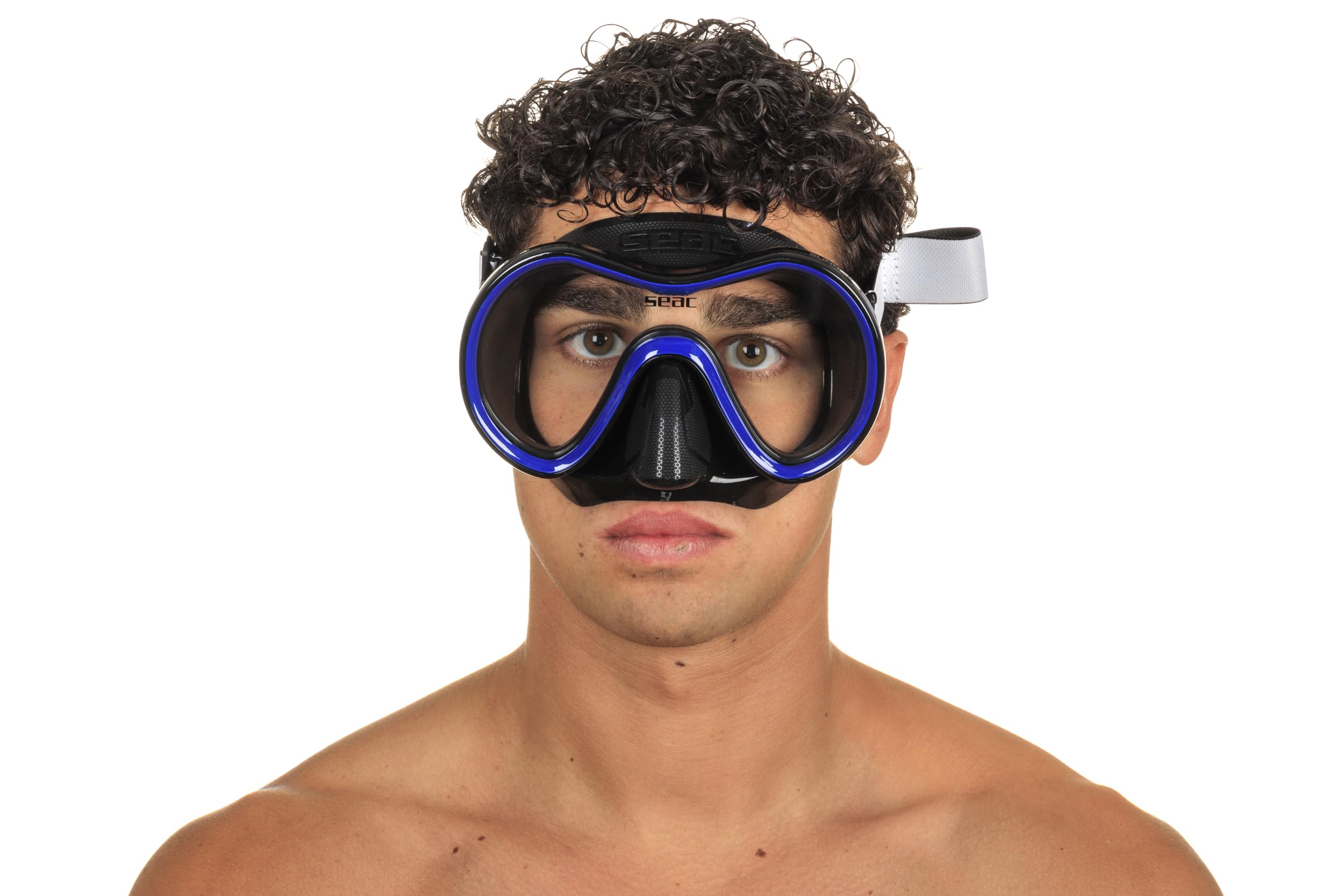 SEAC Sunrise máscara de Buceo y Snorkel de una Sola Cara de Vidrio Templado con Hebilla 3D, con Casco de Tela o Silicona, Unisex Adulto