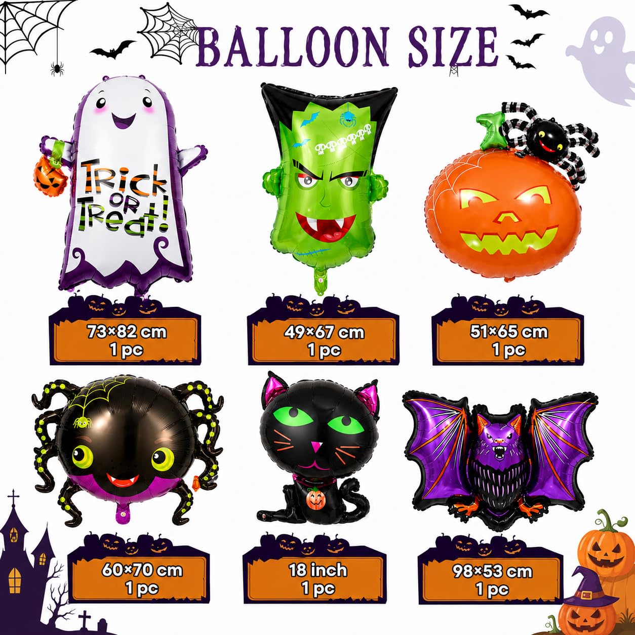 Halloween Deko Folienballon Set, 6 Stück XXL Luftballon Geist Katze Spinne Kürbis Fledermaus Grün Monster Kopf Happy Halloween Ballon für Kinder Horror Thema Trick or Treat Gruselig Party Dekoration