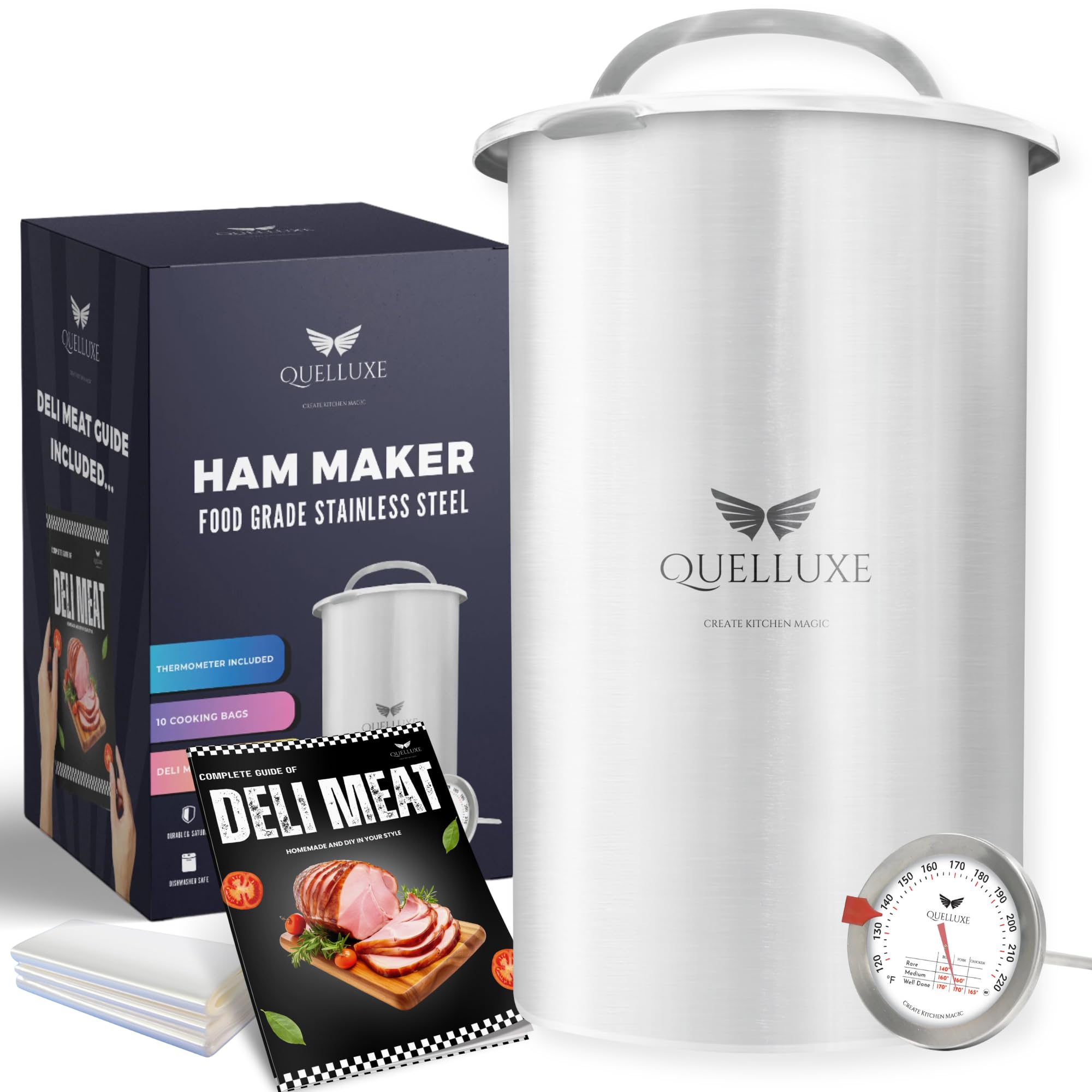 QUELLUXE Ham Maker - Deli Meat Press Mold for Deli Meats - Stainless Steel Homemade Lunch Sandwich Meat Maker with Upgraded Thermometer - Complete Deli Meat Guide Book with Recipes 10 Cooking Bags