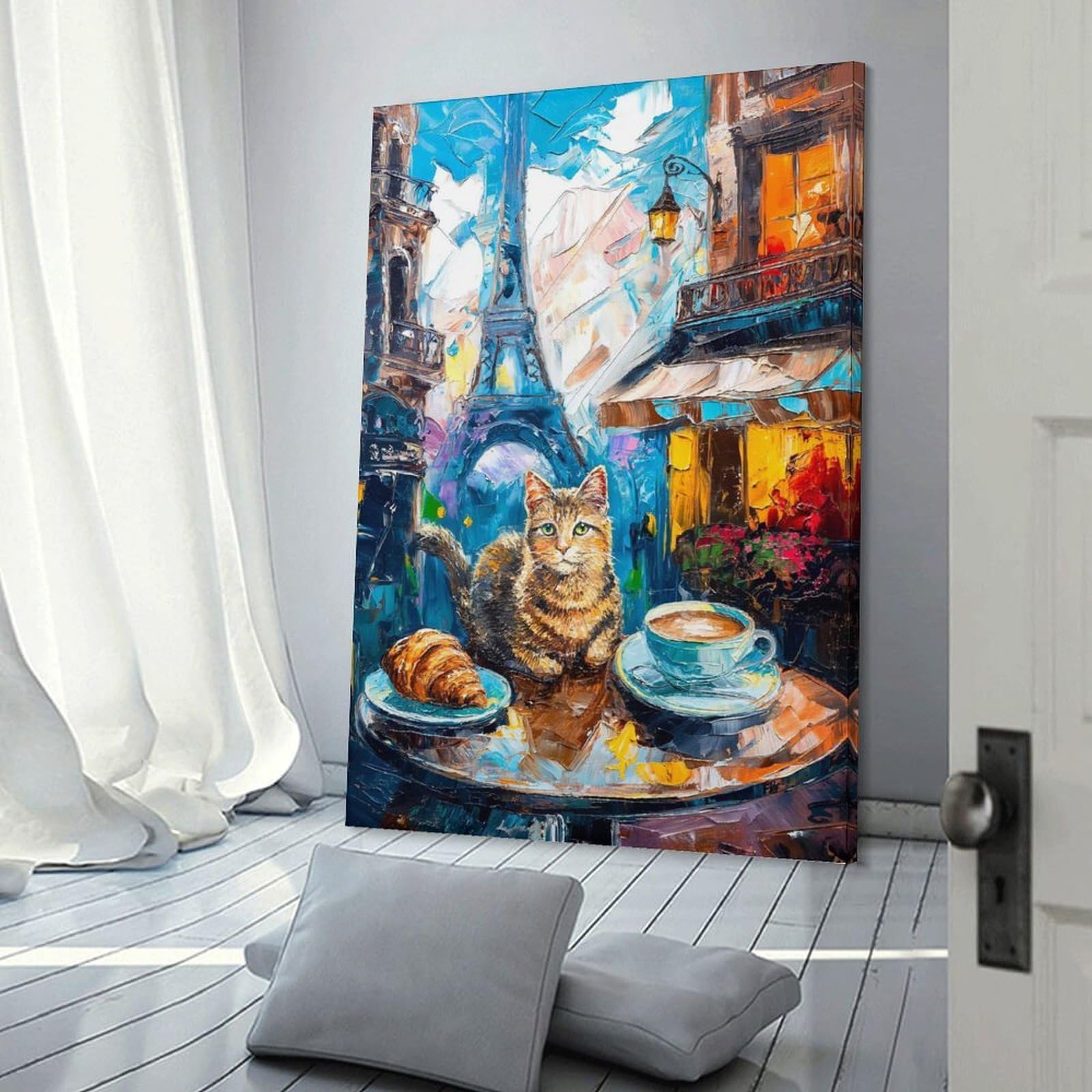 Junmoney Canvas Art Print Parisian Cat Cafe Painting(2), 20x30inch(50x75cm), for Home Office, Desk Area Or Studio, Wall Art That Adds Style to Work Areas