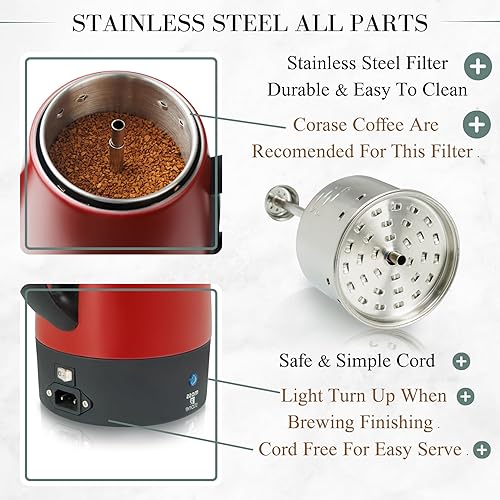 Miniatura 2 de Moss & Stone Percoladora de café eléctrica, cuerpo rojo con tapa de acero inoxidable, cafetera eléctrica percoladora, cafetera roja para campamento,