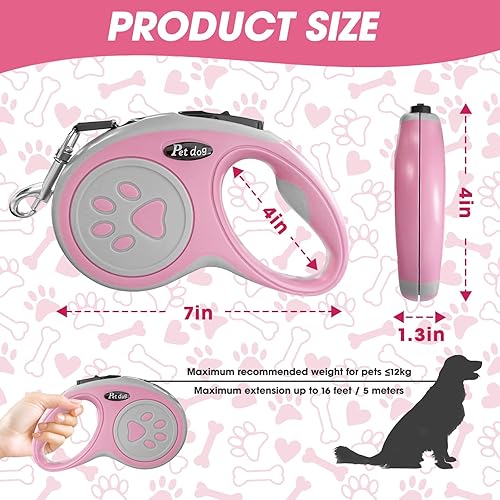 Miniatura 2 de Correa retráctil para perro de 16 pies, correa de nailon resistente con botón de bloqueo rápido para perros pequeños y medianos (rosa)