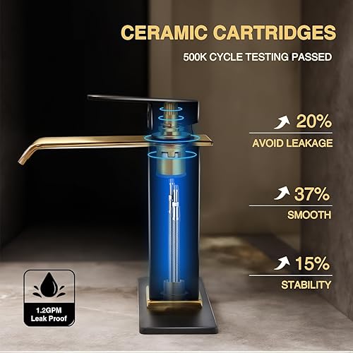 Miniatura 4 de Borlon Grifos de baño en cascada para 1 agujero o 3, grifo de lavabo de baño negro y dorado brillante con drenaje desplegable de metal, moderno